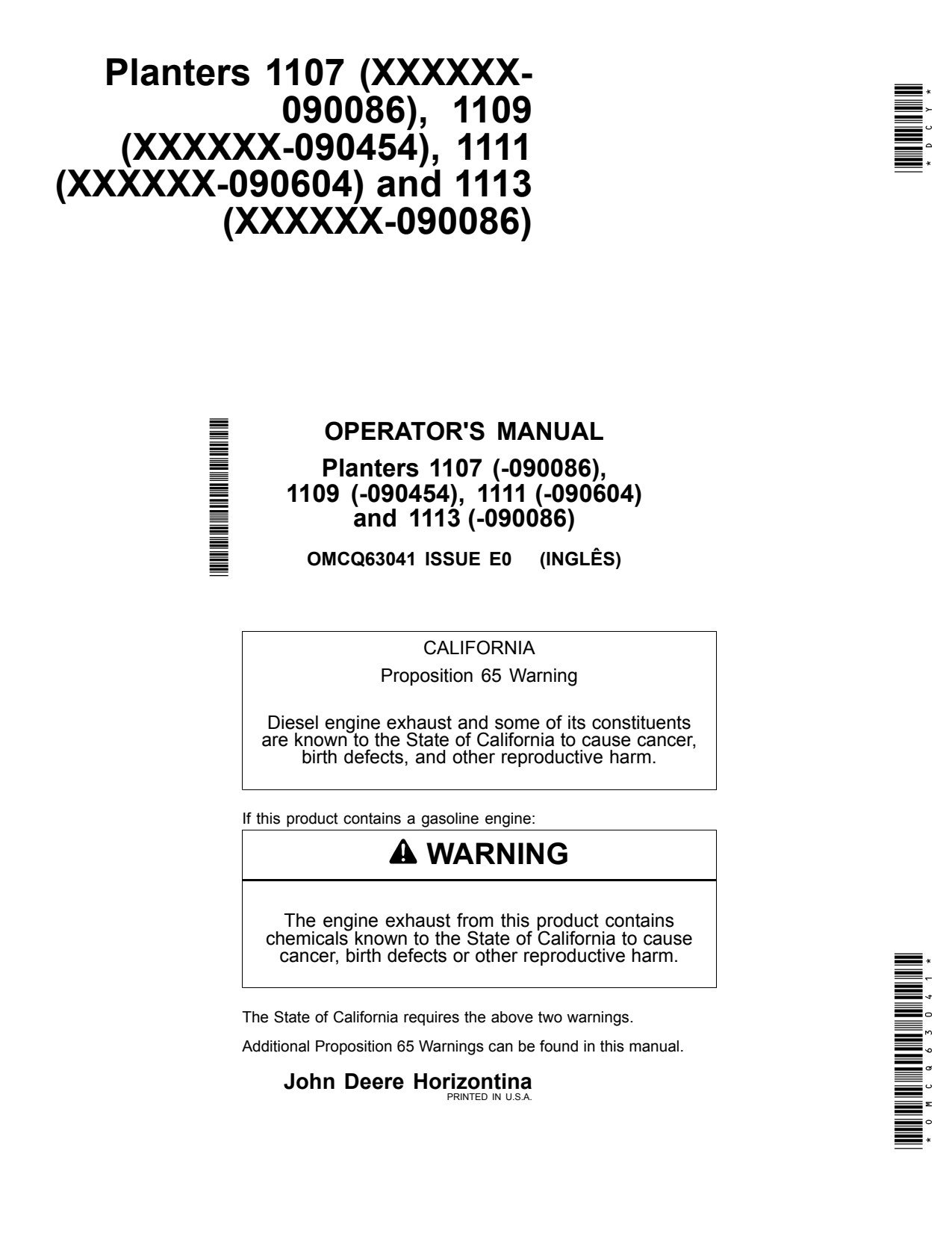 John Deere 1107 to 1113 Planter Operator Manual OMCQ63041 1 John Deere 1107 to 1113 Planter Operator Manual OMCQ63041