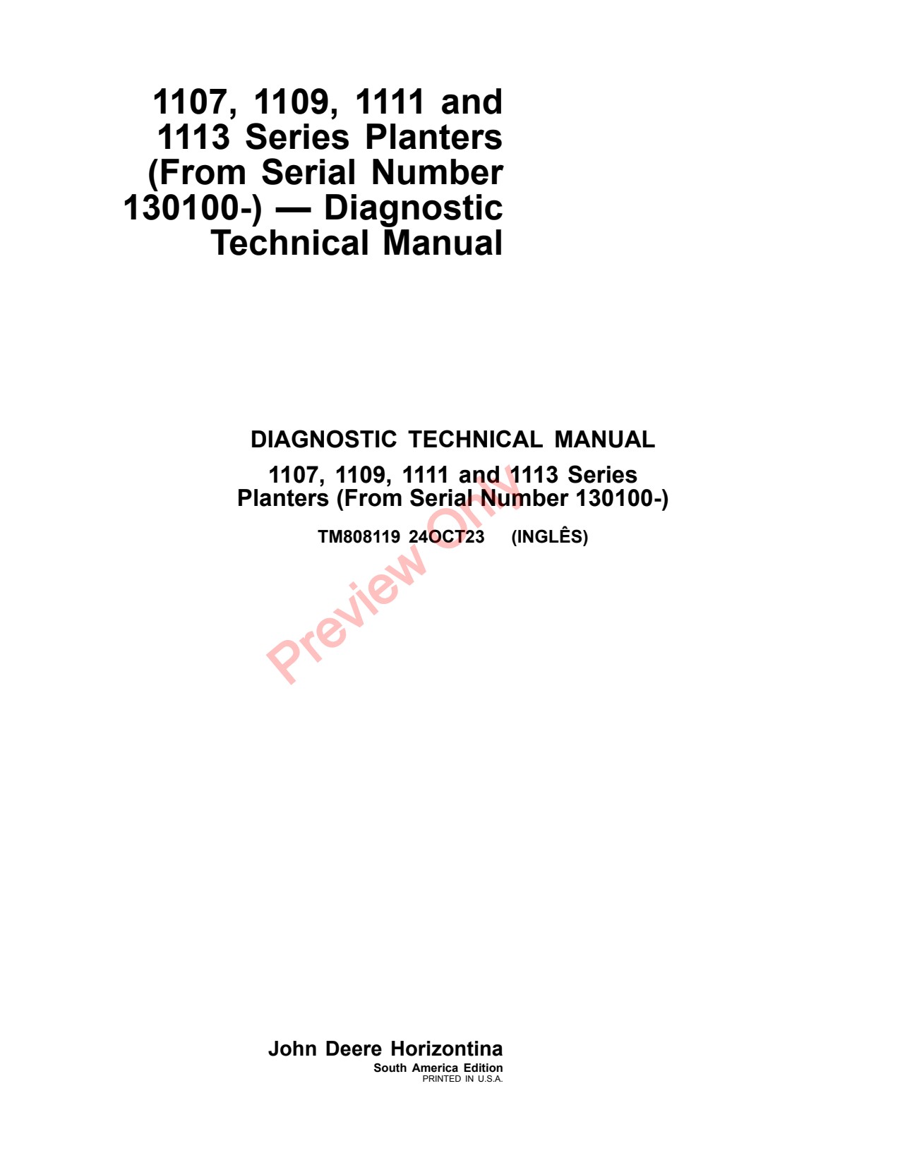 John Deere 1109 to 1113 1107 Planter Diagnostic Technical Manual TM808119