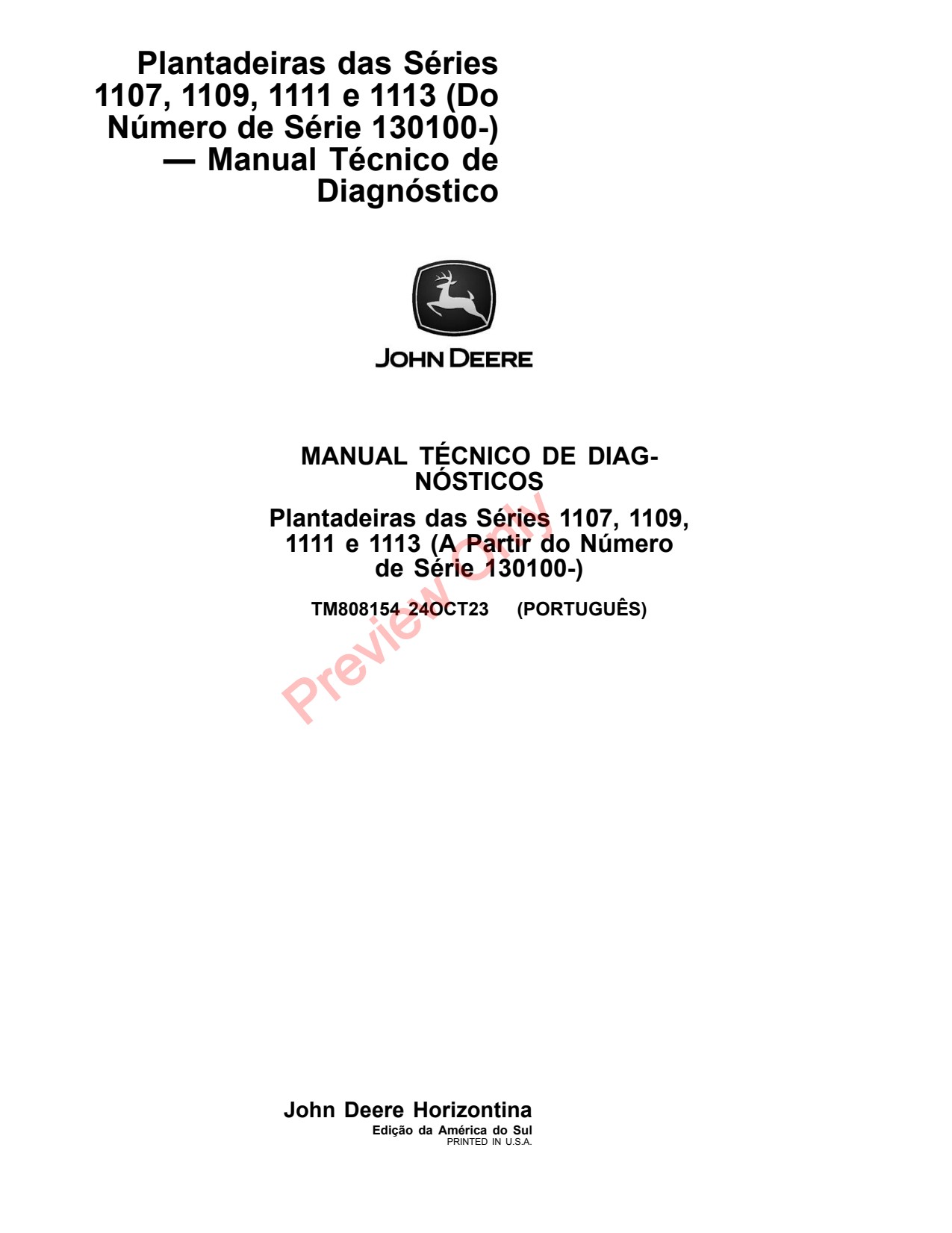 John Deere 1109 to 1113 1107 Planter Diagnostic Technical Manual TM808154 PT