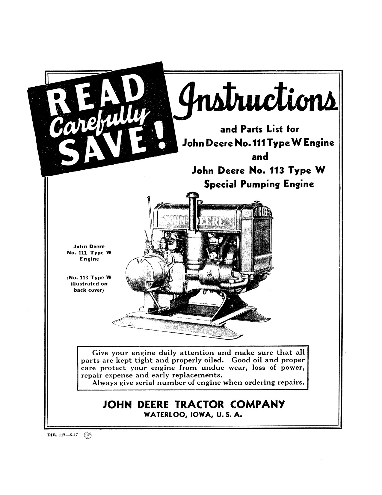 John Deere 111 113 Special Pumping Engine Operator Manual DIR117 1 John Deere 111 113 Special Pumping Engine Operator Manual DIR117