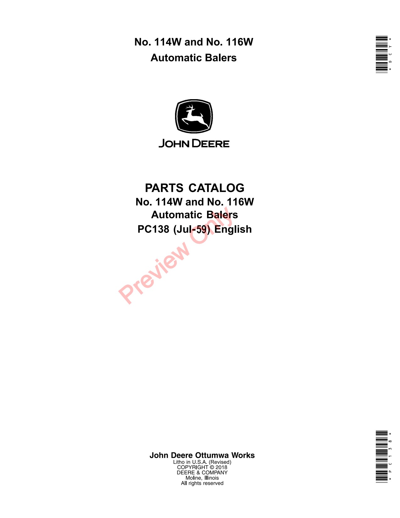John Deere 114W 116W Automatic Pick-up Baler Parts Catalog PC138 1 John Deere 114W 116W Automatic Pick-up Baler Parts Catalog PC138