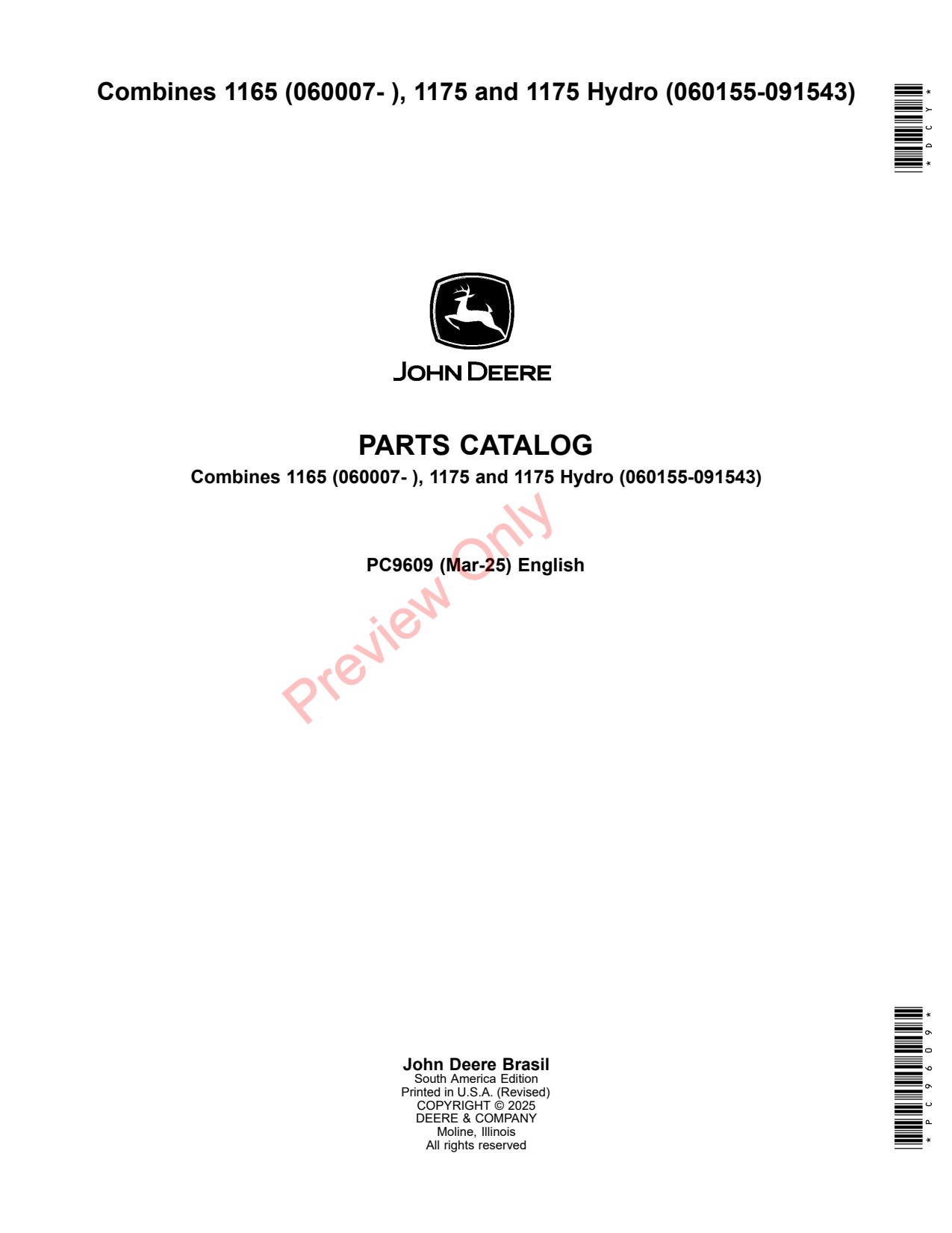 John Deere 1165 1175 Hydro Combine Parts Catalog PC9609 1 John Deere 1165 1175 Hydro Combine Parts Catalog PC9609