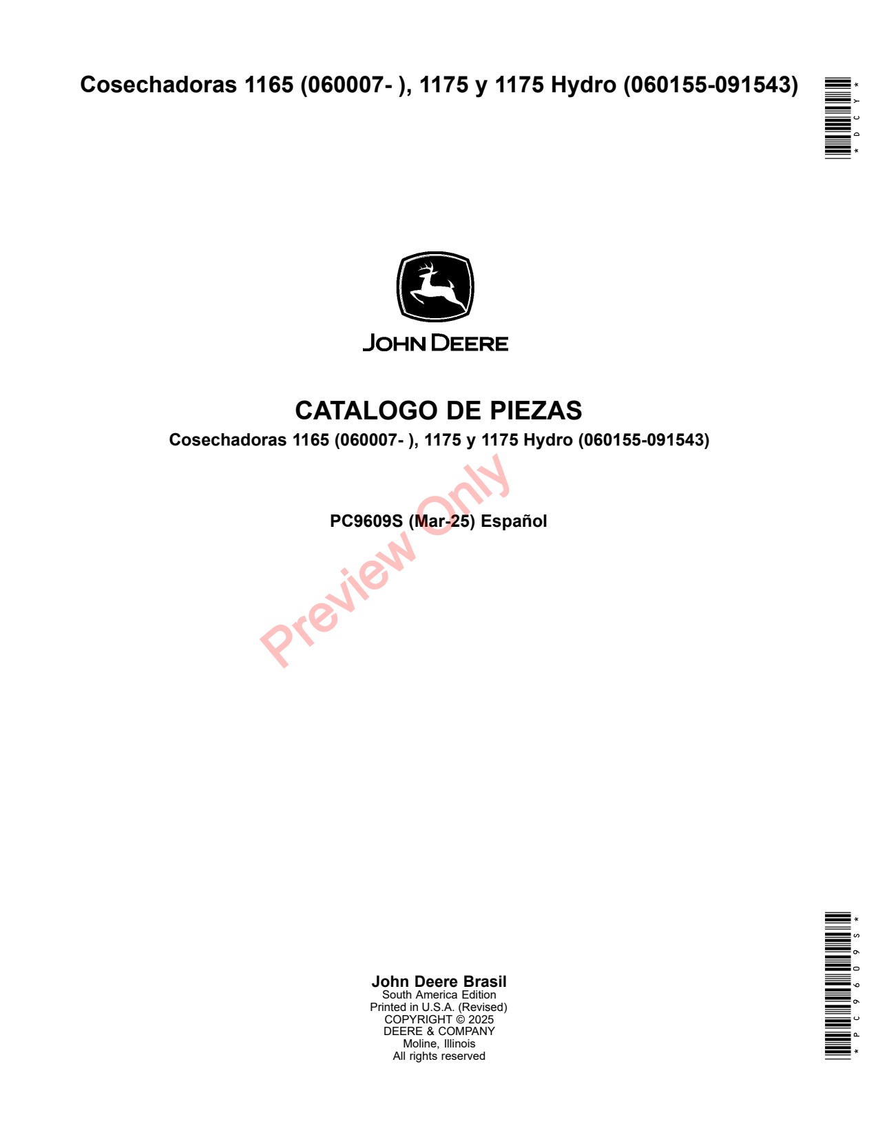 John Deere 1165 1175 Hydro Combine Parts Catalog PC9609S ES 1 John Deere 1165 1175 Hydro Combine Parts Catalog PC9609S ES