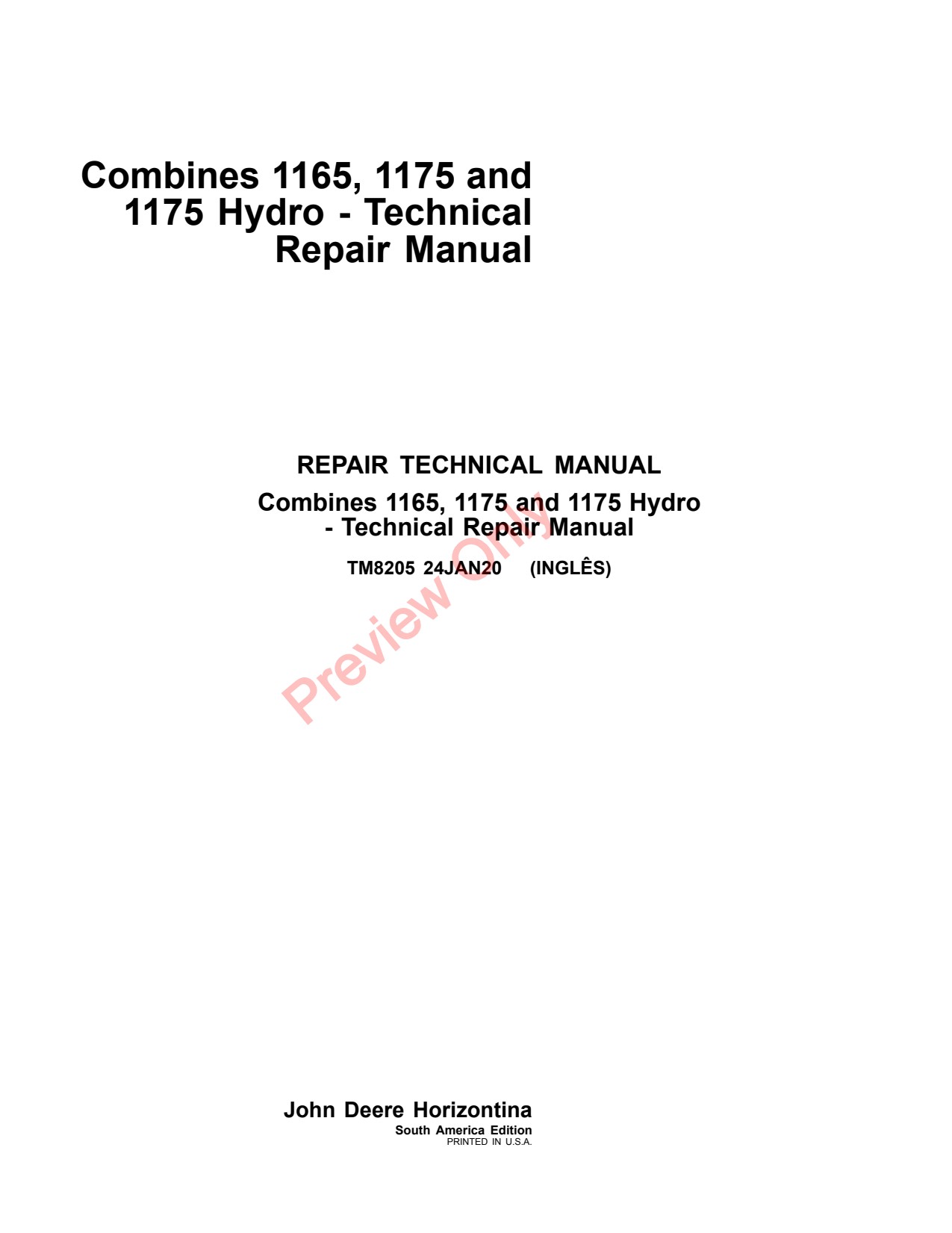 John Deere 1165 to 1185 Combine Repair Diagnostic Technical Manual TM8205