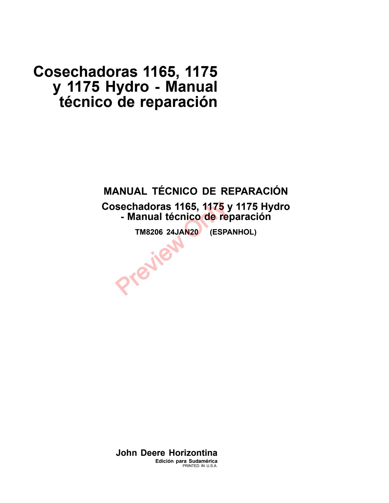 John Deere 1165 to 1185 Combine Repair Technical Manual TM8206 ES