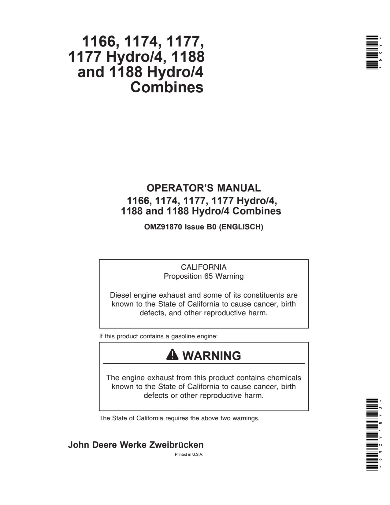 John Deere 1166 1174 1177 Hydro-4 1188 1188H Combine Operator Manual OMZ91870 1 John Deere 1166 1174 1177 Hydro-4 1188 1188H Combine Operator Manual OMZ91870