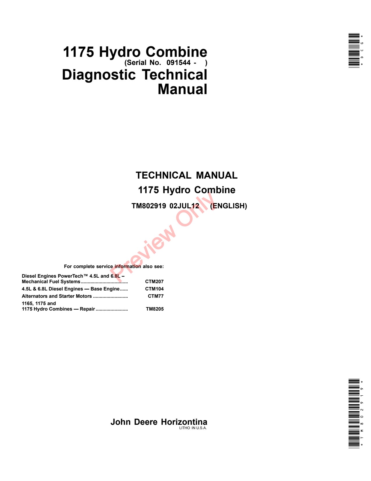 John Deere 1175 Hydro Combine Diagnostic Technical Manual TM802919 1 John Deere 1175 Hydro Combine Diagnostic Technical Manual TM802919