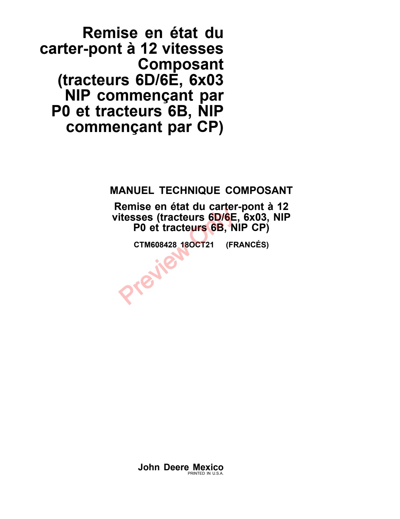 John Deere 12 Speed Transaxle Repair Component Tractor Technical Manual CTM608428 FR