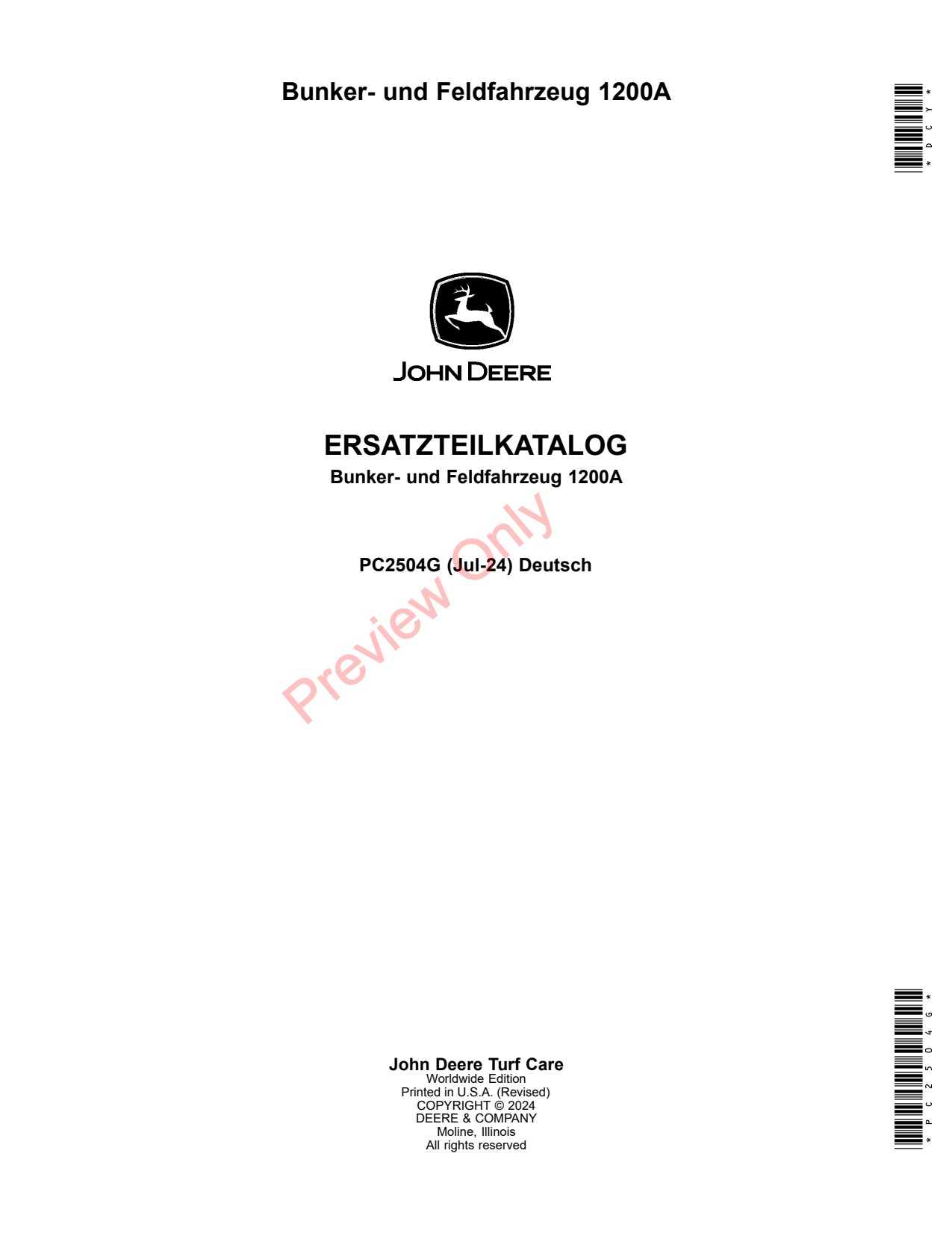 John Deere 1200A Bunker Field Vehicle Parts Catalog PC2504G DE 1 John Deere 1200A Bunker Field Vehicle Parts Catalog PC2504G DE