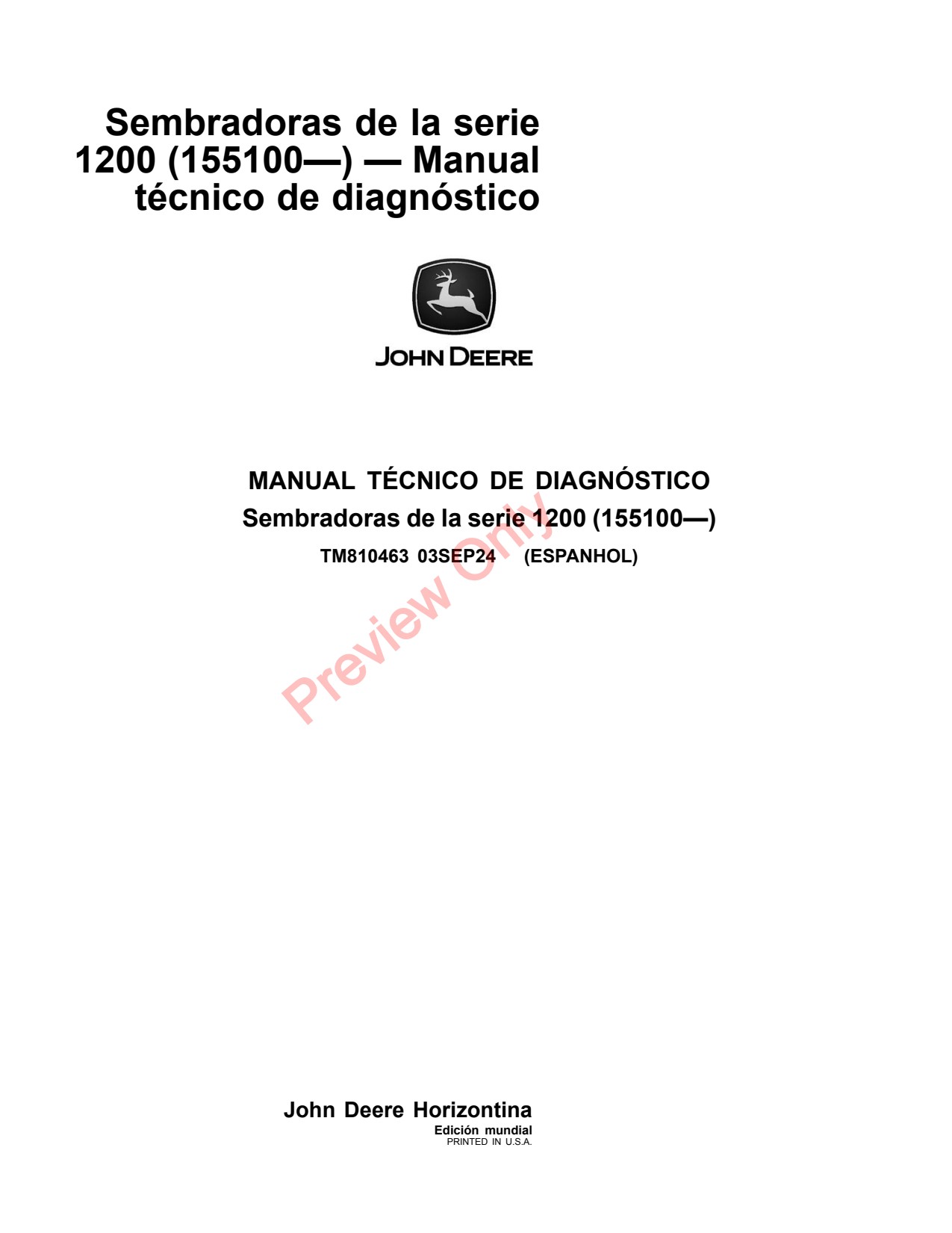 John Deere 1207 to 1213 1200 Planter Diagnostic Technical Manual TM810463 ES