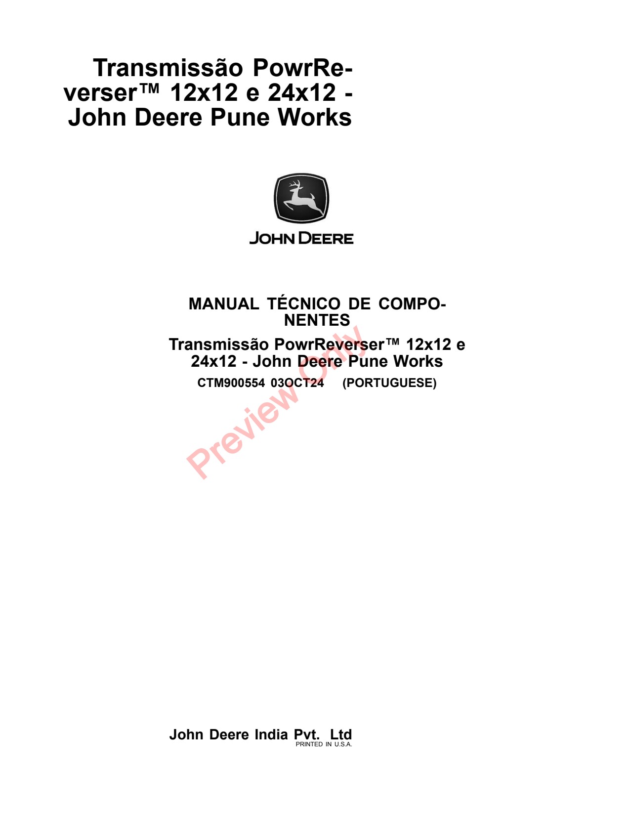 John Deere 12x12 24x12 PowrReverser™ Transmission - Pune Works Component Technical Manual CTM900554 PT