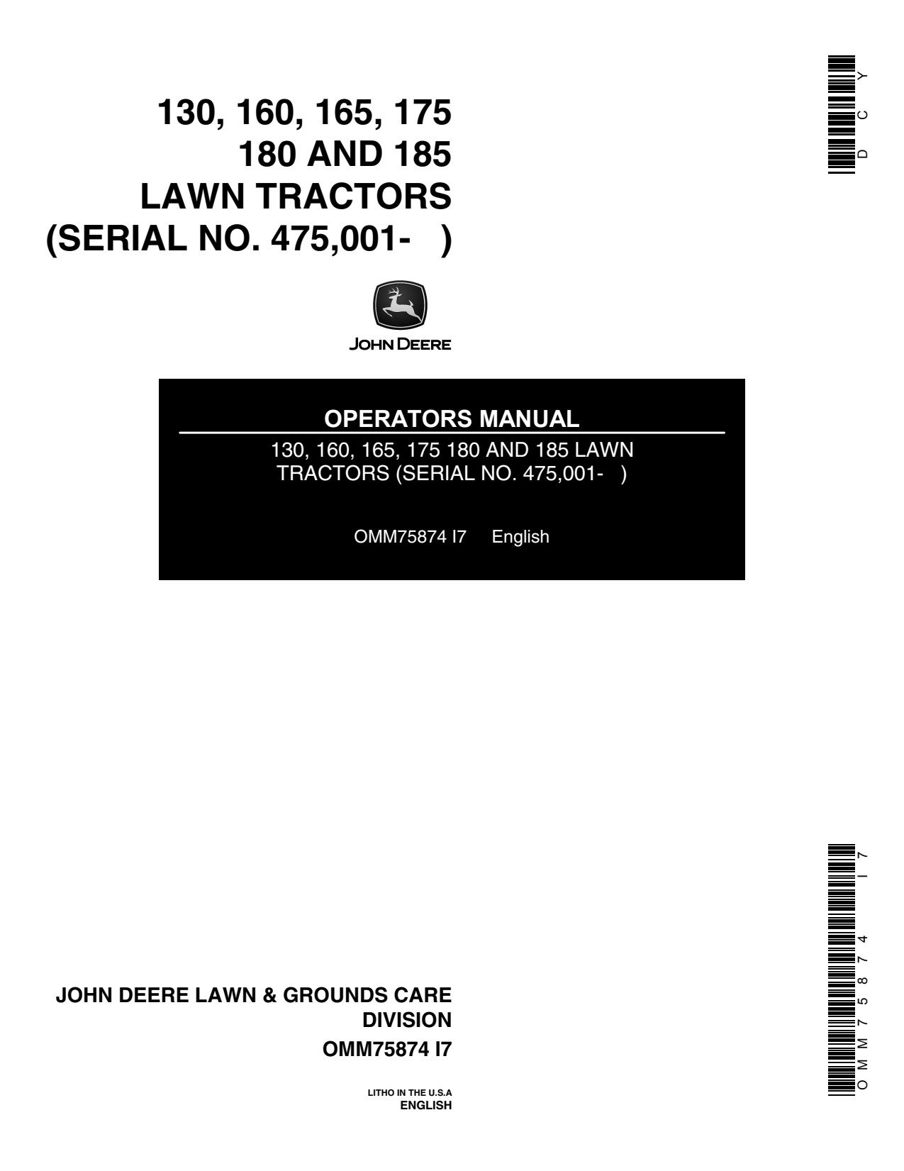 John Deere 130 160 165 175 to 185 Lawn Tractor Operator Manual OMM75874 1 John Deere 130 160 165 175 to 185 Lawn Tractor Operator Manual OMM75874