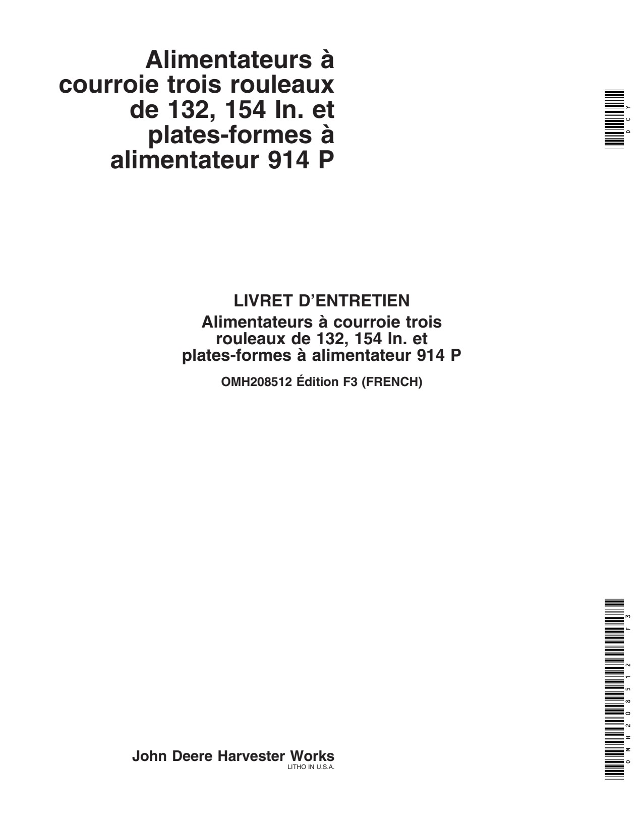 John Deere 132 Inch 154 914 Roller Belt Pickup Operator Manual OMH208512 FR 1 John Deere 132 Inch 154 914 Roller Belt Pickup Operator Manual OMH208512 FR