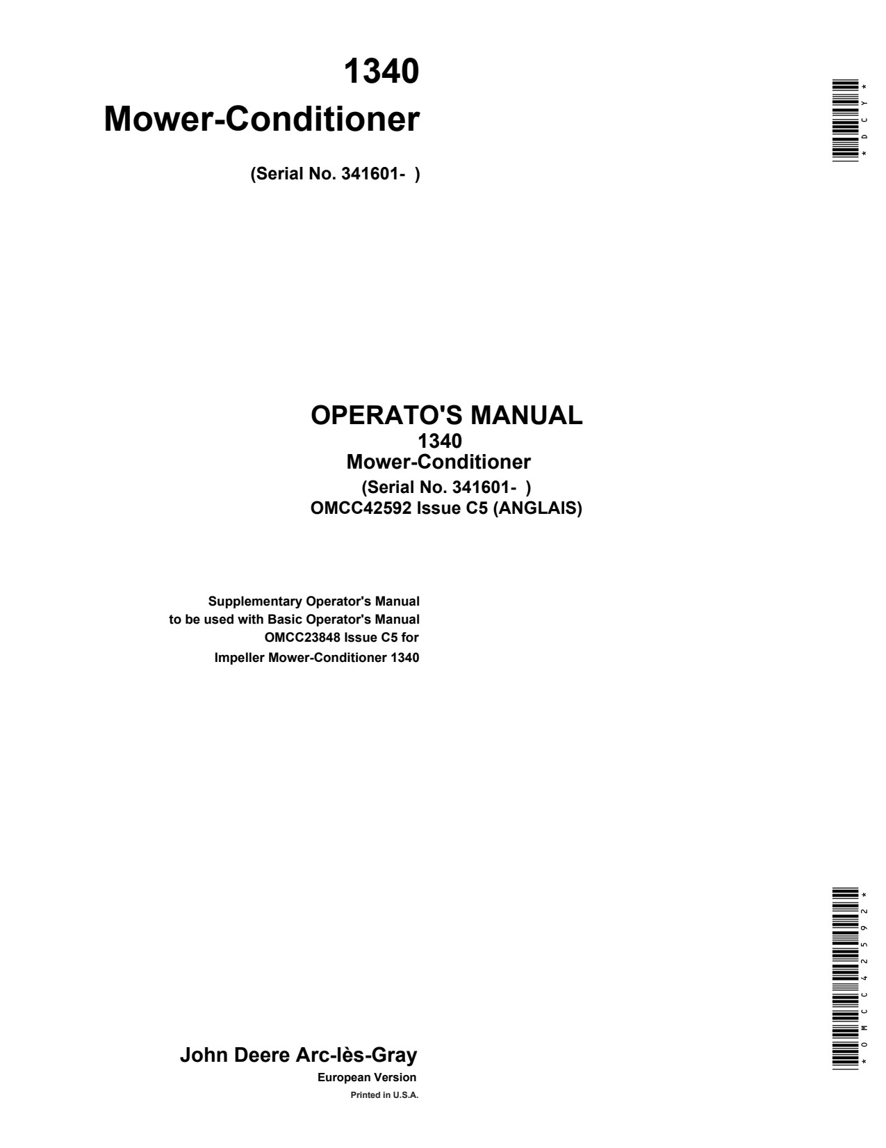 John Deere 1340 Mower Conditioner Operator Manual OMCC42592 1 John Deere 1340 Mower Conditioner Operator Manual OMCC42592