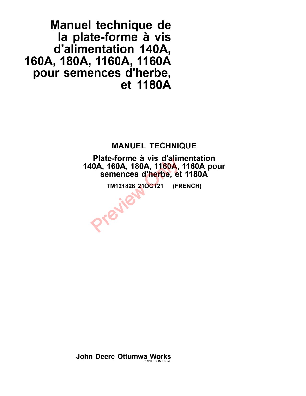 John Deere 140A 160A 180A 1160A 1180A Header Platform Technical Manual TM121828 FR 1 John Deere 140A 160A 180A 1160A 1180A Header Platform Technical Manual TM121828 FR