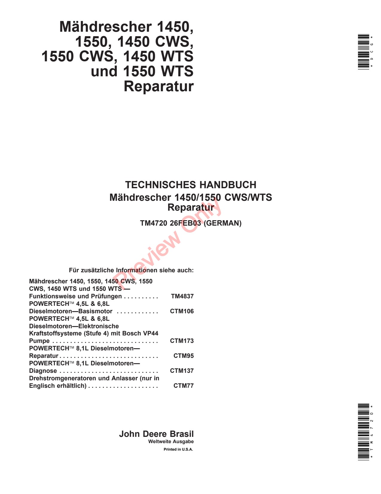 John Deere 1450 CWS 1550 WTS 48750 Combine Technical Manual TM4720 DE 1 John Deere 1450 CWS 1550 WTS 48750 Combine Technical Manual TM4720 DE