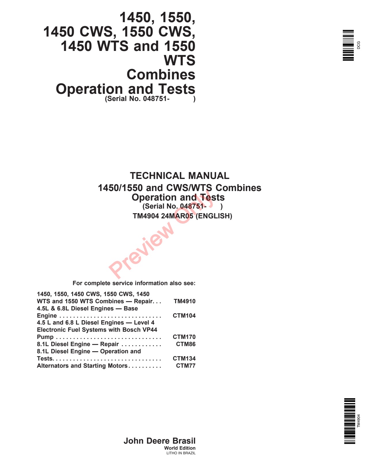 John Deere 1450 CWS 1550 WTS Combine Technical Manual TM4904 1 John Deere 1450 CWS 1550 WTS Combine Technical Manual TM4904