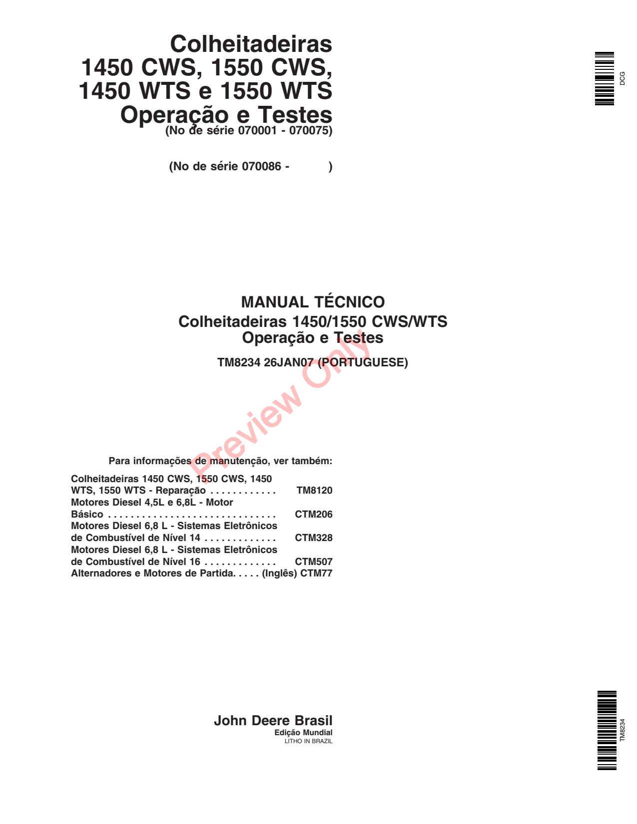 John Deere 1450 WTS CWS 1550 1450WTS Combine Technical Manual TM8234 PT 1 John Deere 1450 WTS CWS 1550 1450WTS Combine Technical Manual TM8234 PT