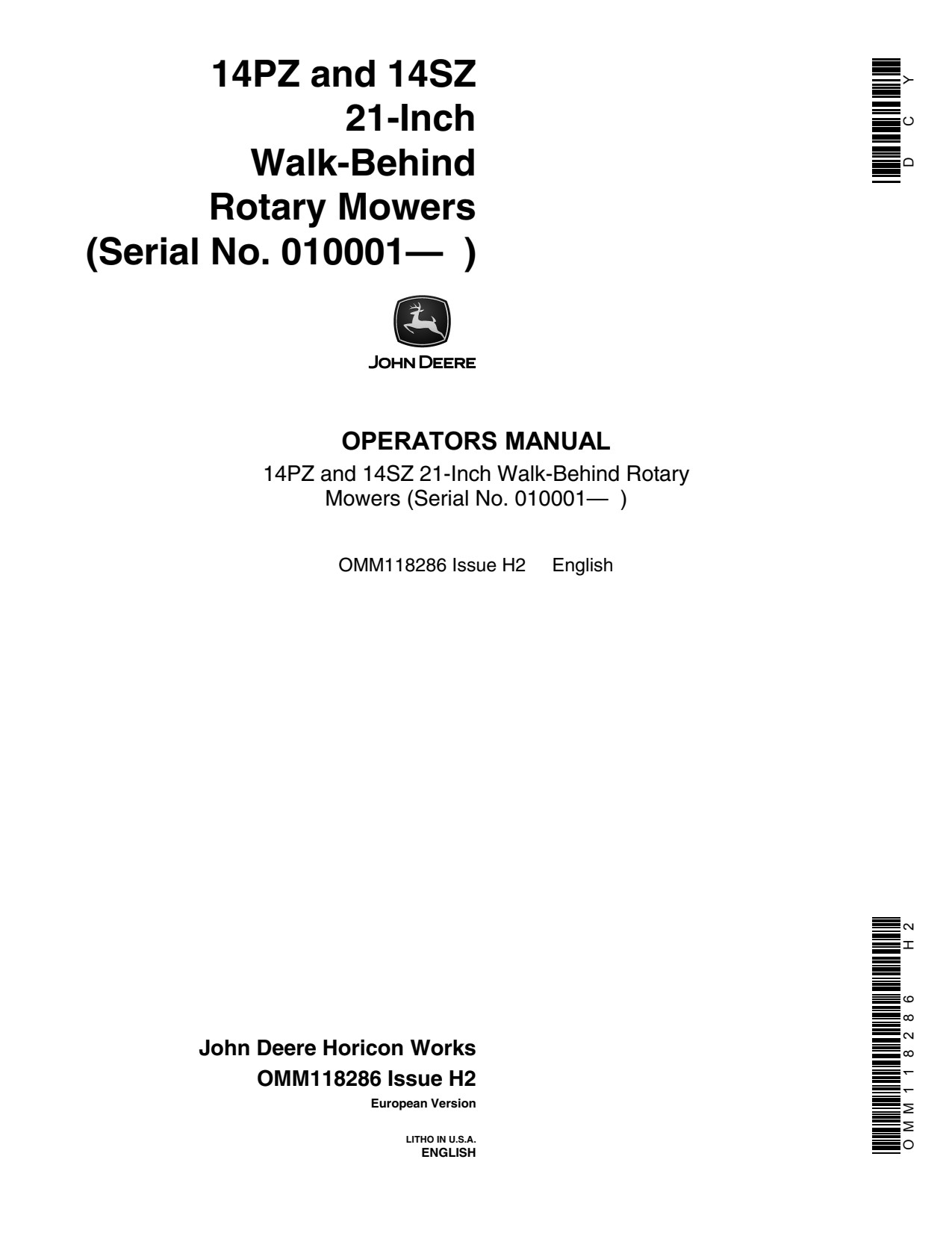 John Deere 14PZ 14SZ 21 Inch Walk-behind Rotary Mower Operator Manual OMM118286 1 John Deere 14PZ 14SZ 21 Inch Walk-behind Rotary Mower Operator Manual OMM118286