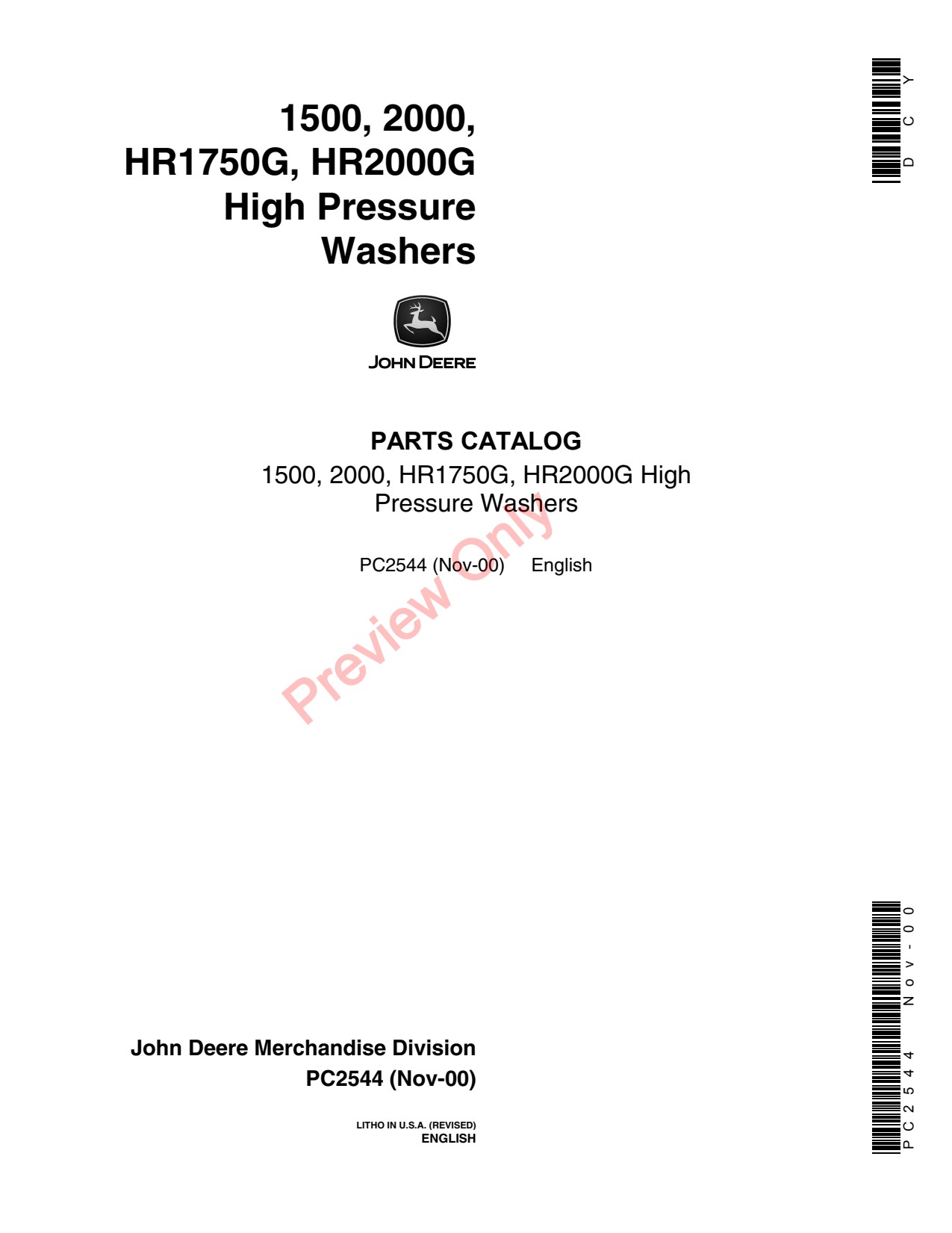 John Deere 1500 2000 HR2000G HR1750G High Pressure Washer Parts Catalog PC2544 1 John Deere 1500 2000 HR2000G HR1750G High Pressure Washer Parts Catalog PC2544