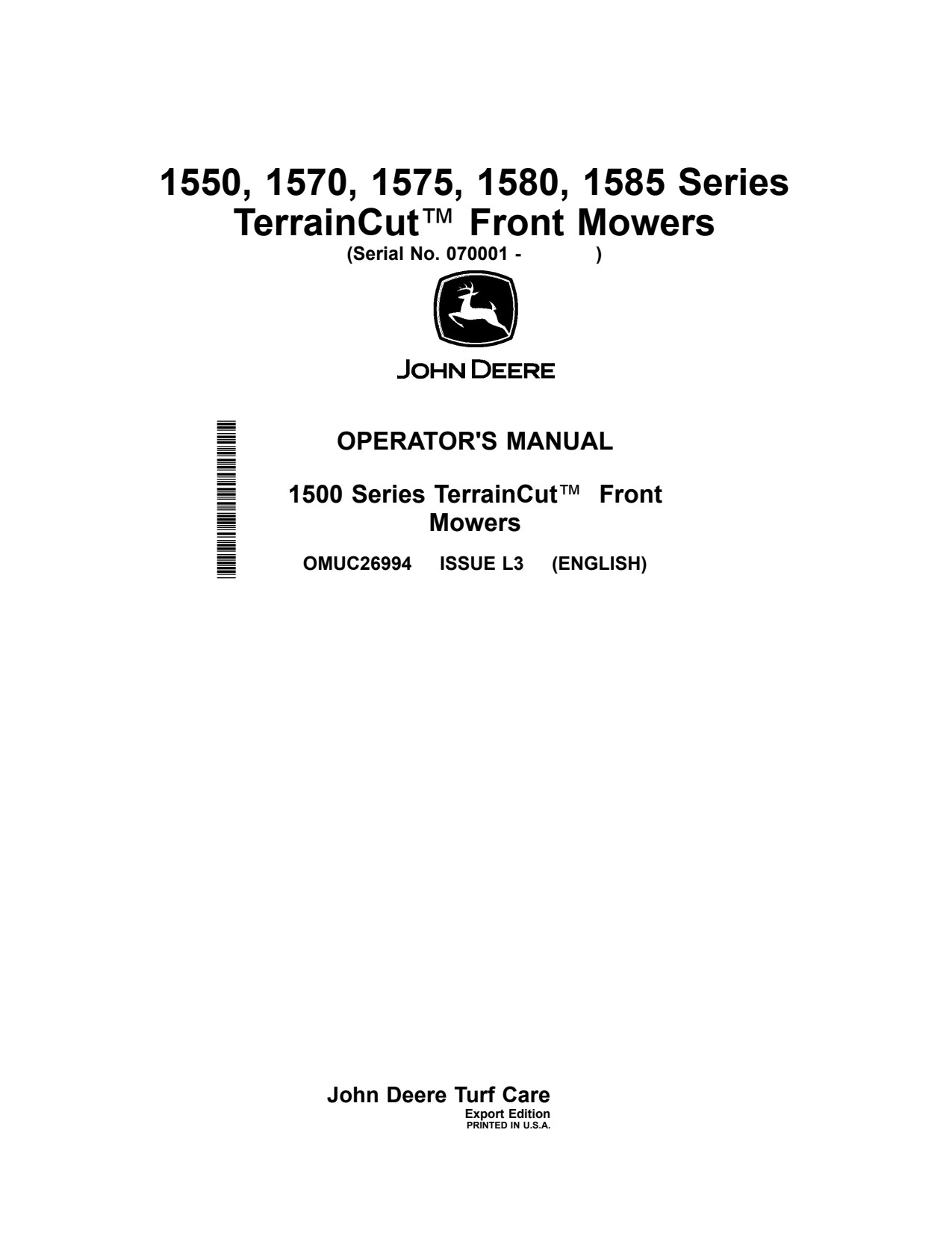 John Deere 1550 1570 to 1585 Front Mower Operator Manual OMUC26994 1 John Deere 1550 1570 to 1585 Front Mower Operator Manual OMUC26994