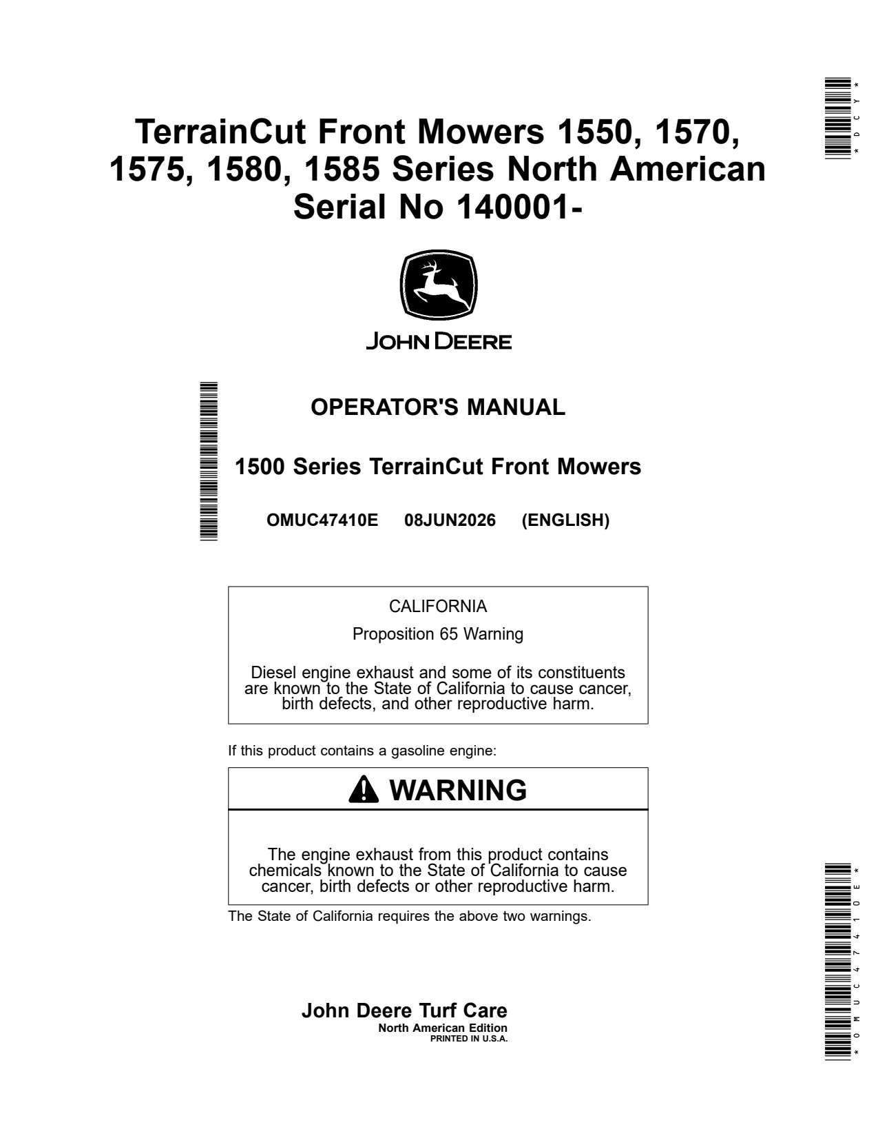 John Deere 1550 1570 to 1585 TerrainCut Front Mower Operator Manual OMUC47410E 1 John Deere 1550 1570 to 1585 TerrainCut Front Mower Operator Manual OMUC47410E