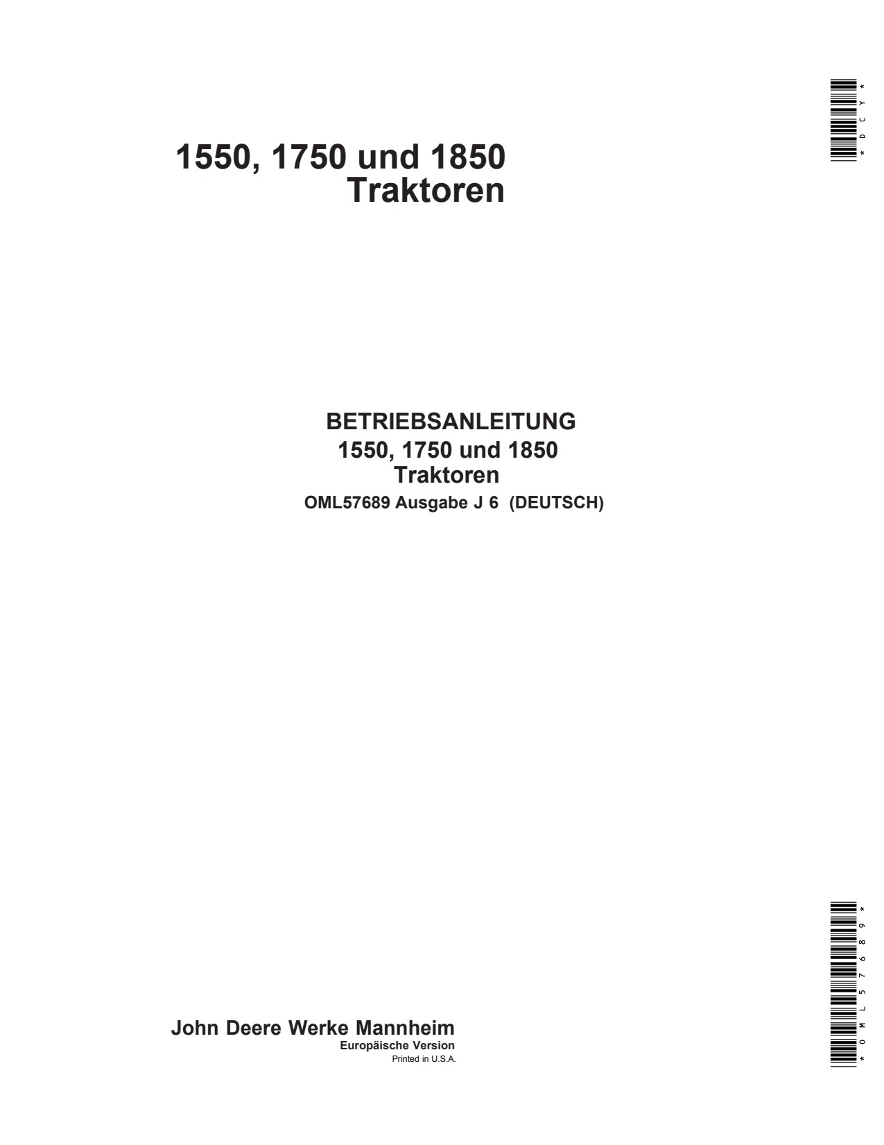 John Deere 1550 1750 1850 Tractor Operator Manual OML57689 DE 1 John Deere 1550 1750 1850 Tractor Operator Manual OML57689 DE