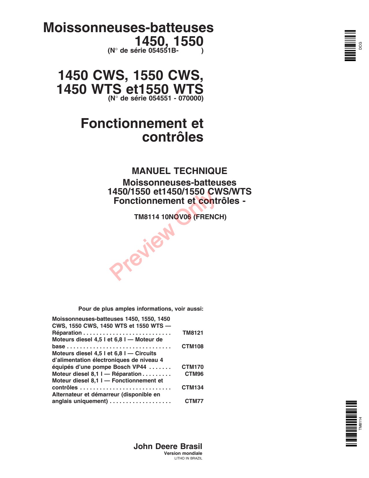 John Deere 1550 WTS 1450 CWS Combine Technical Manual TM8114 FR 1 John Deere 1550 WTS 1450 CWS Combine Technical Manual TM8114 FR