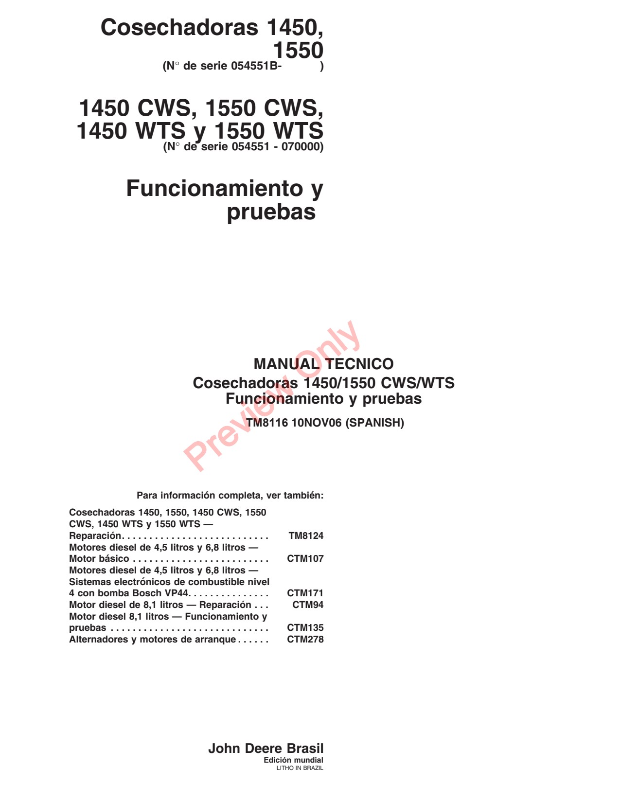 John Deere 1550 WTS 1450 CWS Combine Technical Manual TM8116 ES 1 John Deere 1550 WTS 1450 CWS Combine Technical Manual TM8116 ES