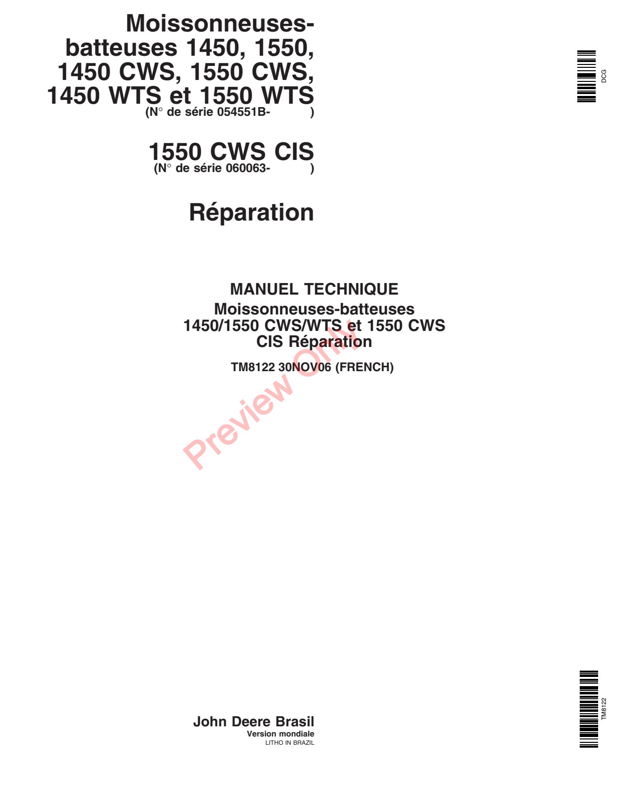 John Deere 1550 WTS 1450 CWS Combine Technical Manual TM8122 FR 1 John Deere 1550 WTS 1450 CWS Combine Technical Manual TM8122 FR