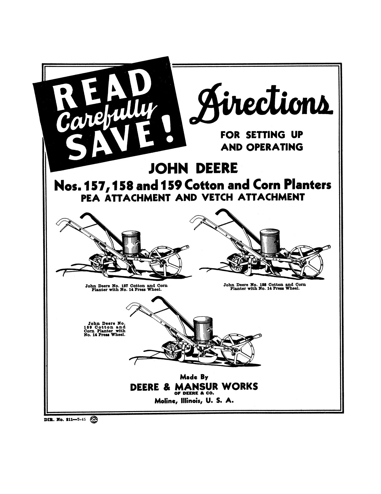 John Deere 157 to 159 Corn Planter Operator Manual DIR211B 1 John Deere 157 to 159 Corn Planter Operator Manual DIR211B