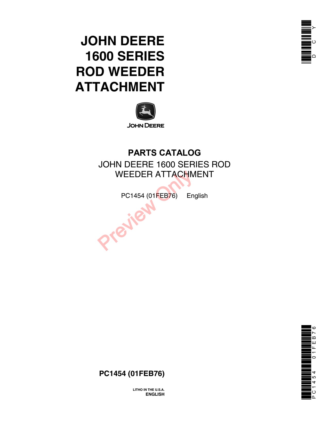 John Deere 1600 Rod Weeder Attachment Parts Catalog PC1454 1 John Deere 1600 Rod Weeder Attachment Parts Catalog PC1454