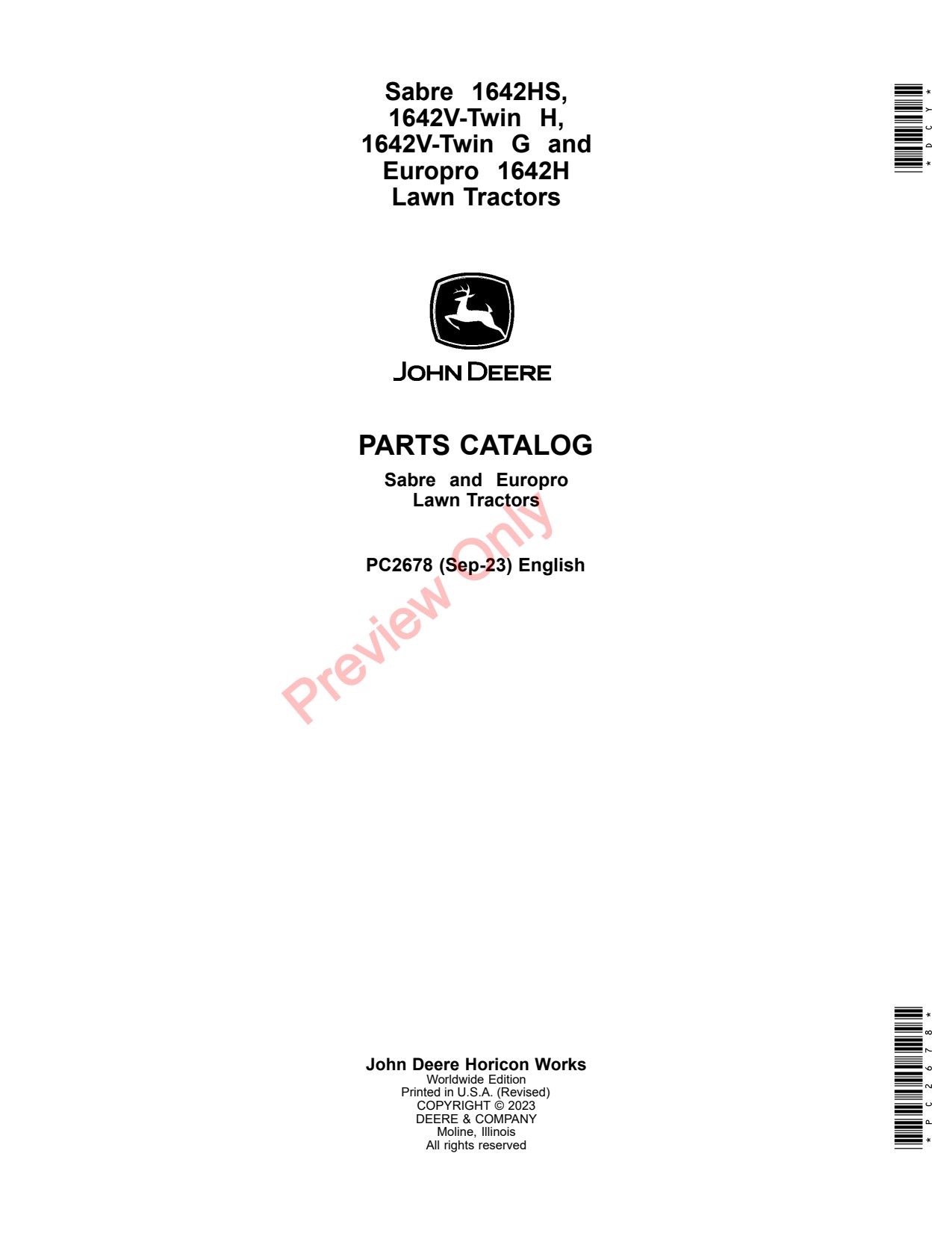 John Deere 1642HS 1642V-Twin H G Sabre 1642H EuroPro Lawn Tractor Parts Catalog PC2678 1 John Deere 1642HS 1642V-Twin H G Sabre 1642H EuroPro Lawn Tractor Parts Catalog PC2678