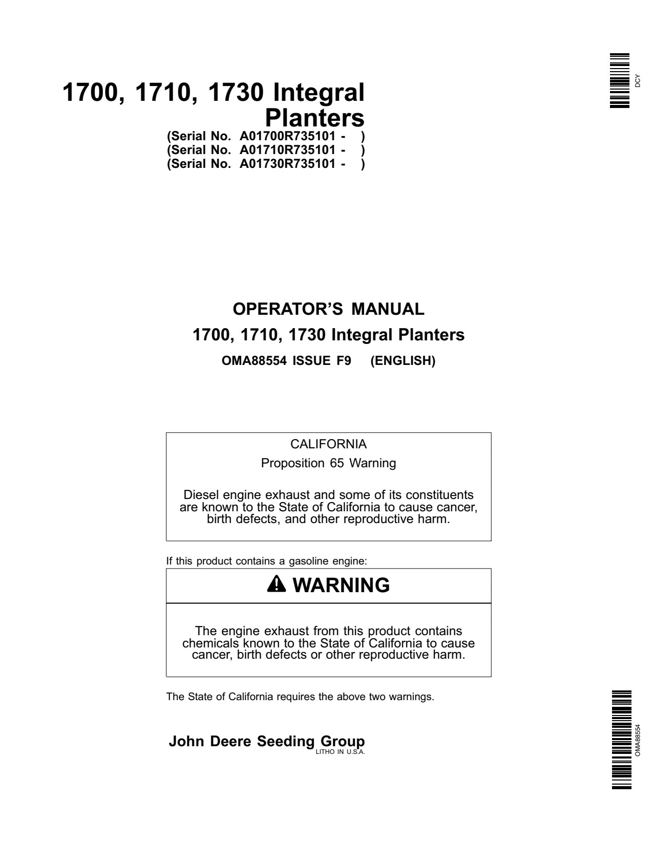 John Deere 1700 1730 1710 Integral Planter Operator Manual OMA88554 1 John Deere 1700 1730 1710 Integral Planter Operator Manual OMA88554