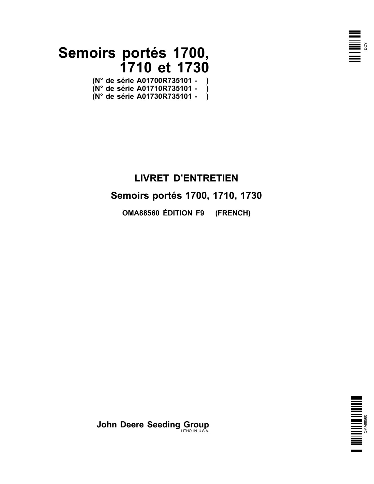 John Deere 1700 1730 1710 Integral Planter Operator Manual OMA88560 FR 1 John Deere 1700 1730 1710 Integral Planter Operator Manual OMA88560 FR