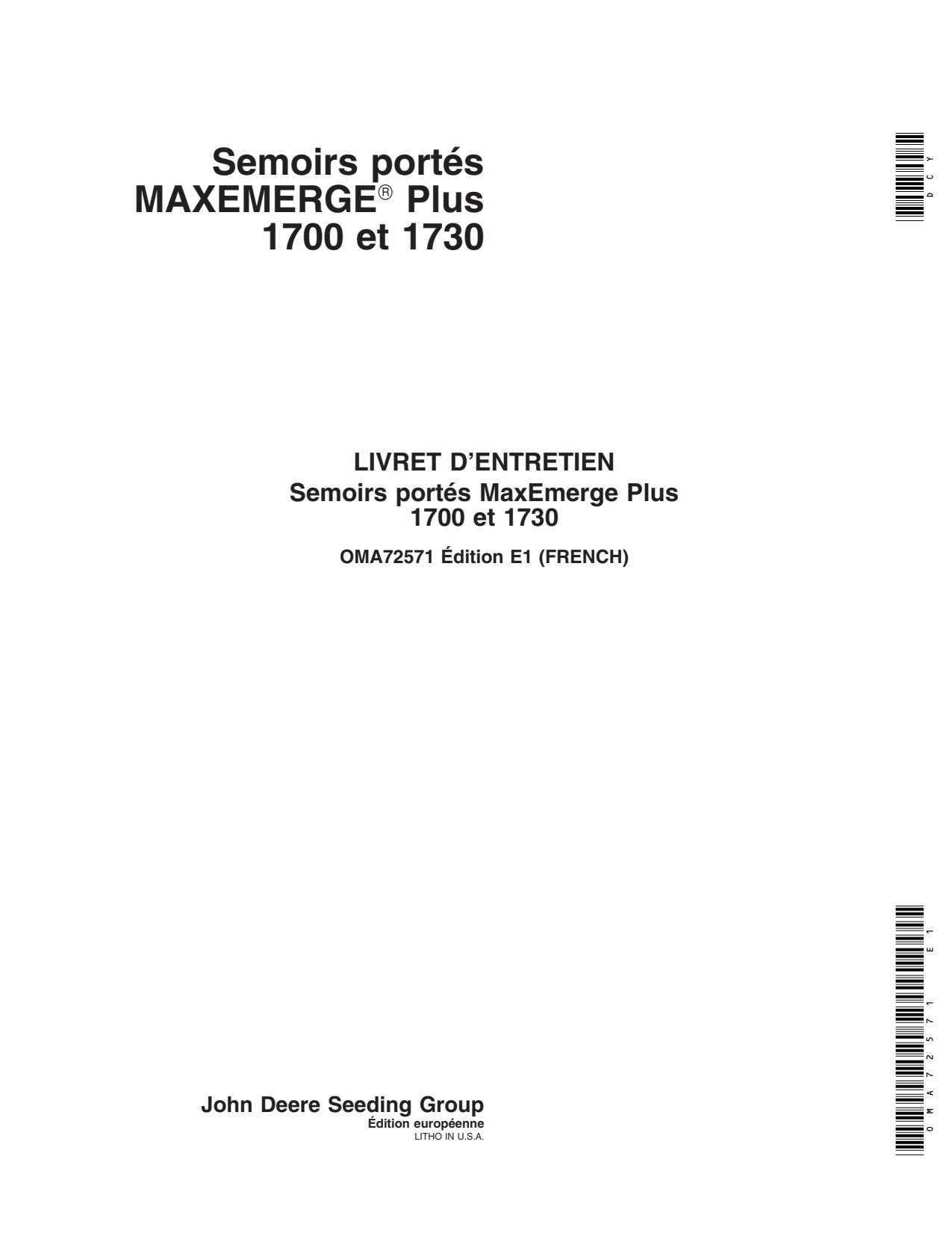 John Deere 1700 1730 Integral Planter Operator Manual OMA72571 FR 1 John Deere 1700 1730 Integral Planter Operator Manual OMA72571 FR