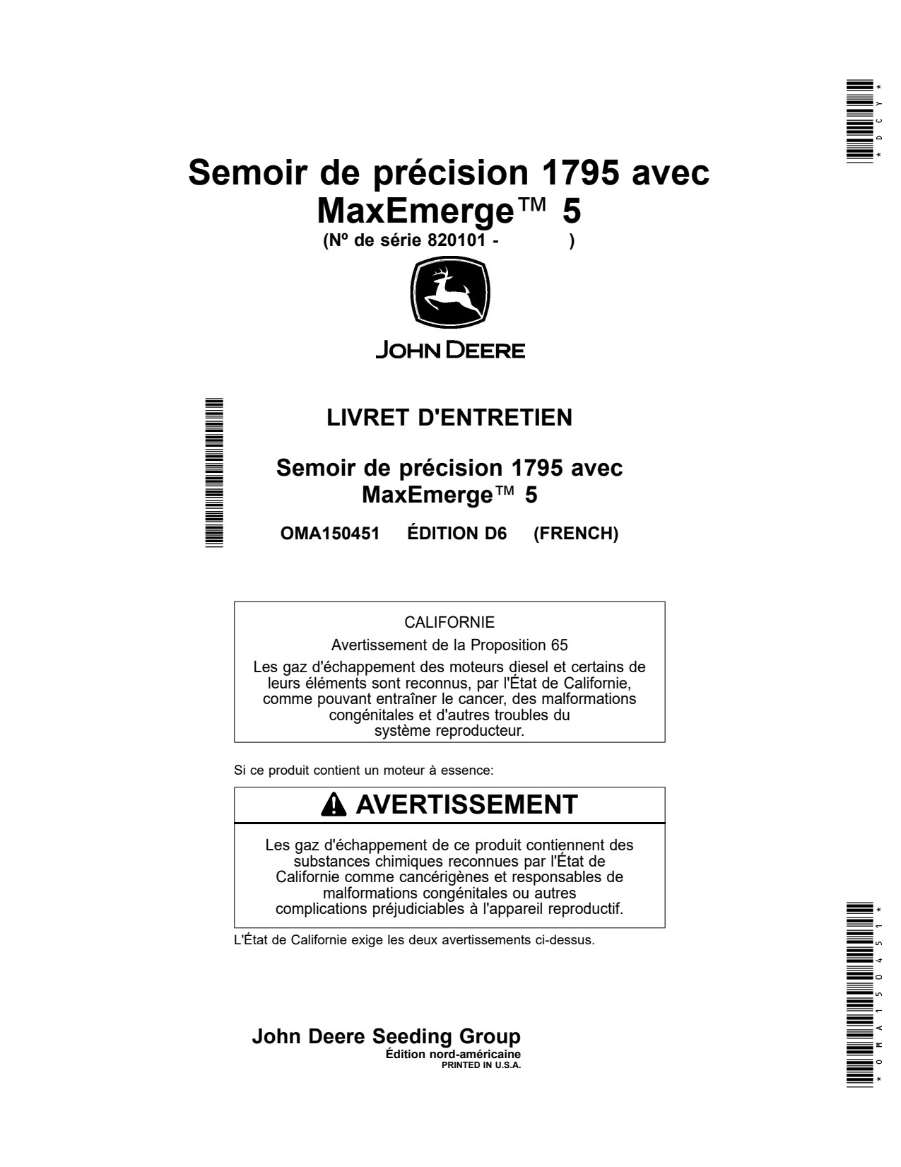 John Deere 1700 6x2 1795 Air Hoe Drill Operator Manual OMA150451 FR 1 John Deere 1700 6x2 1795 Air Hoe Drill Operator Manual OMA150451 FR