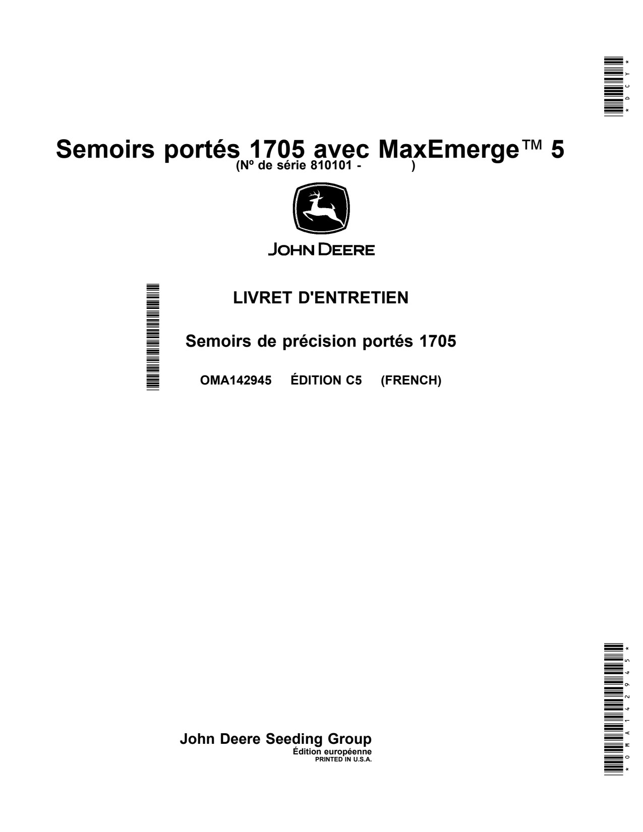 John Deere 1705 Twin Row Planter Operator Manual OMA142945 FR 1 John Deere 1705 Twin Row Planter Operator Manual OMA142945 FR