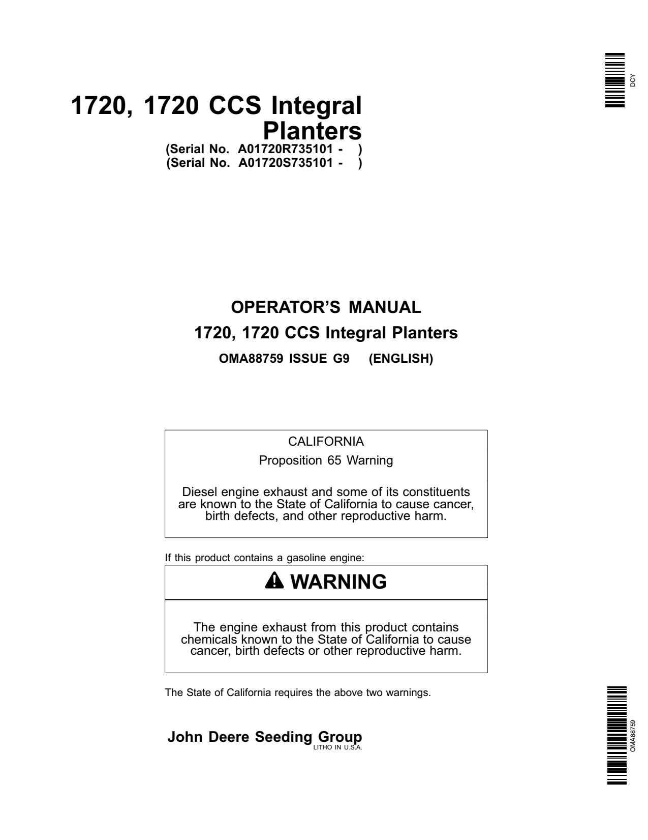 John Deere 1720 CCS Integral Planter Operator Manual OMA88759 1 John Deere 1720 CCS Integral Planter Operator Manual OMA88759