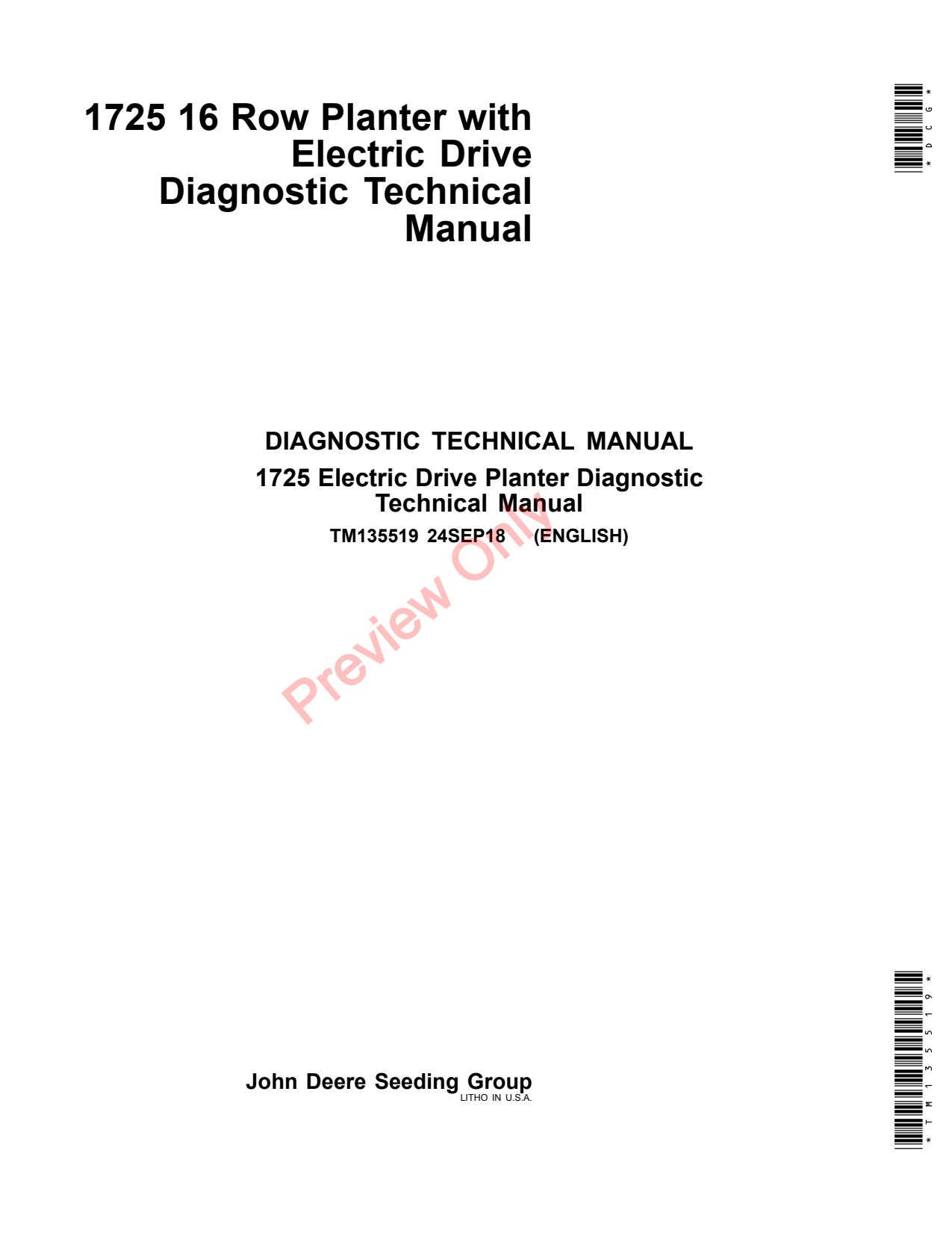 John Deere 1725 16-Row 16 Row Planter Diagnostic Technical Manual TM135519