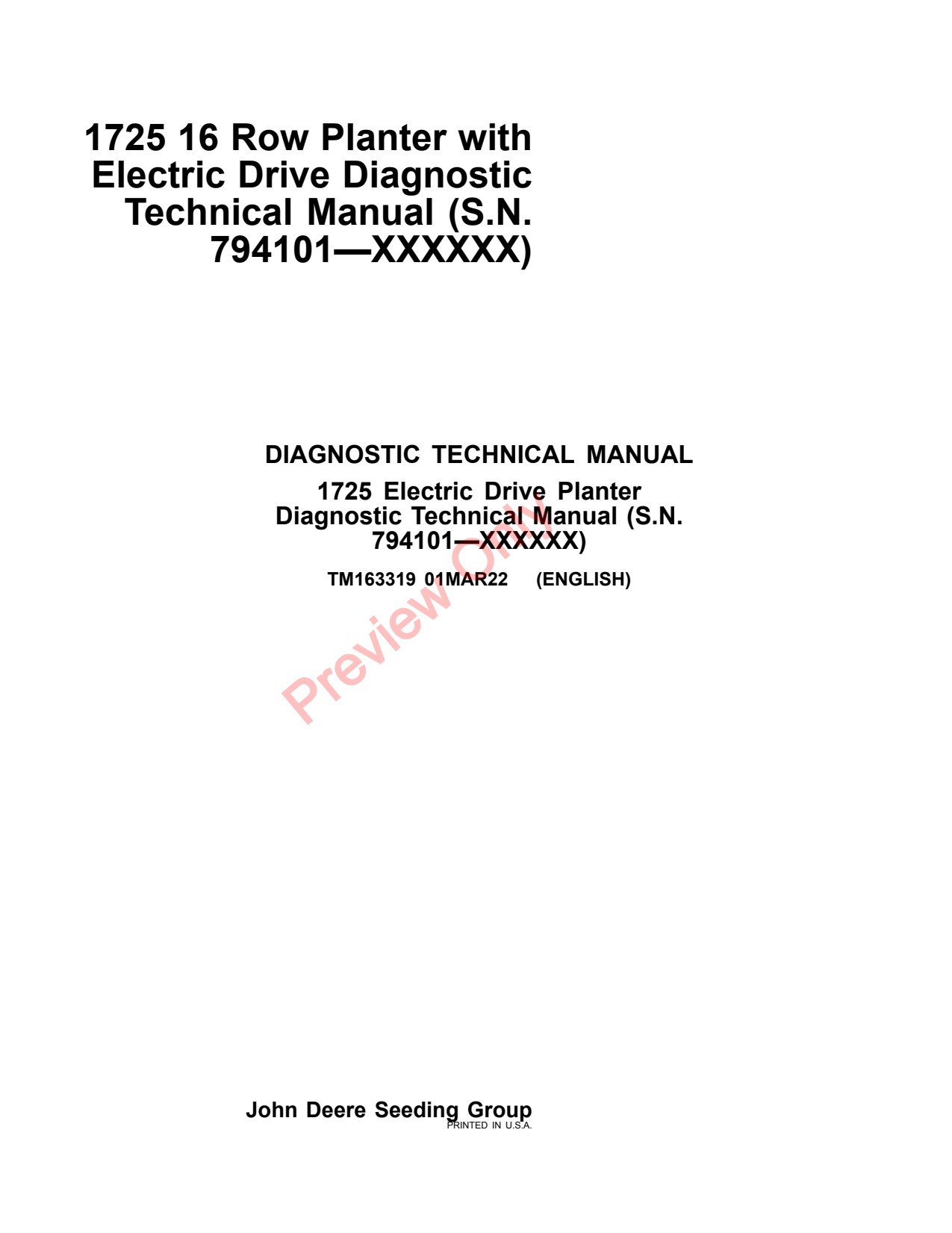 John Deere 1725 16 Row Planter Diagnostic Technical Manual TM163319