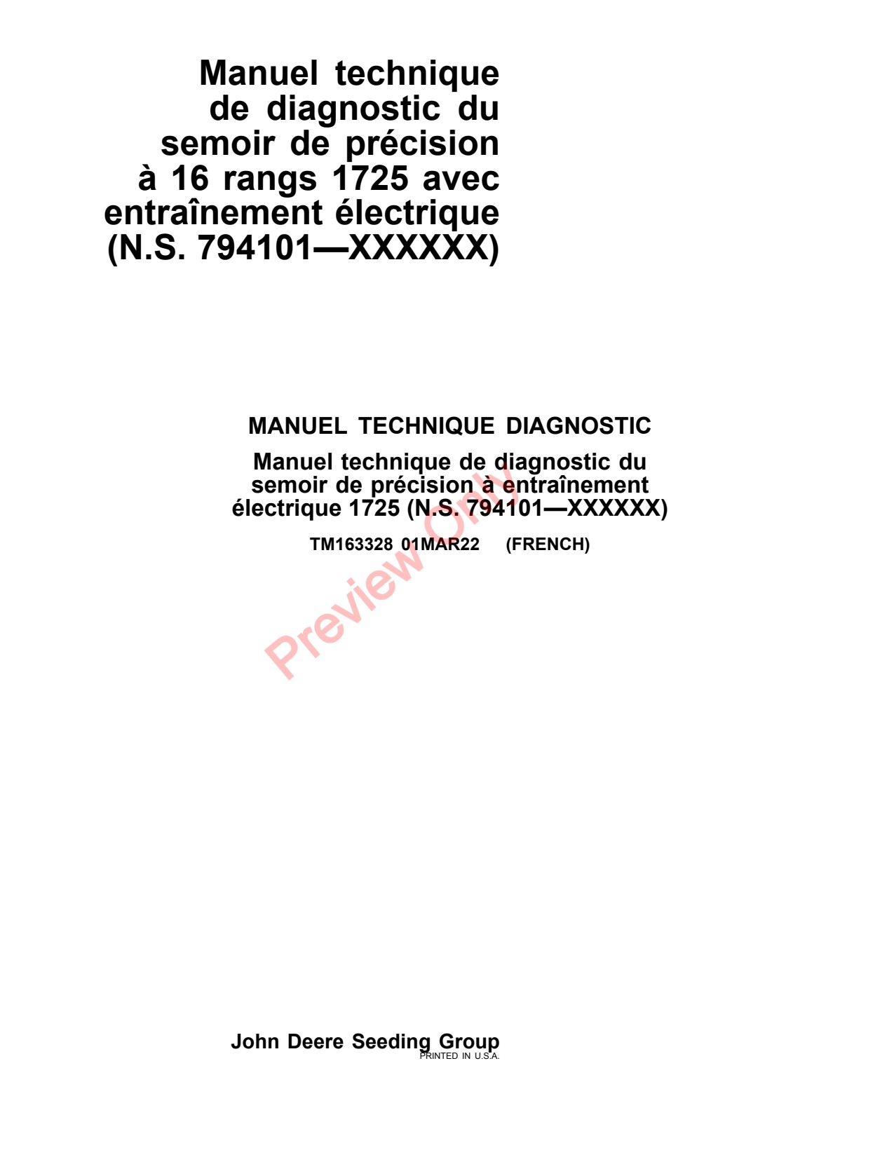 John Deere 1725 16 Row Planter Diagnostic Technical Manual TM163328 FR