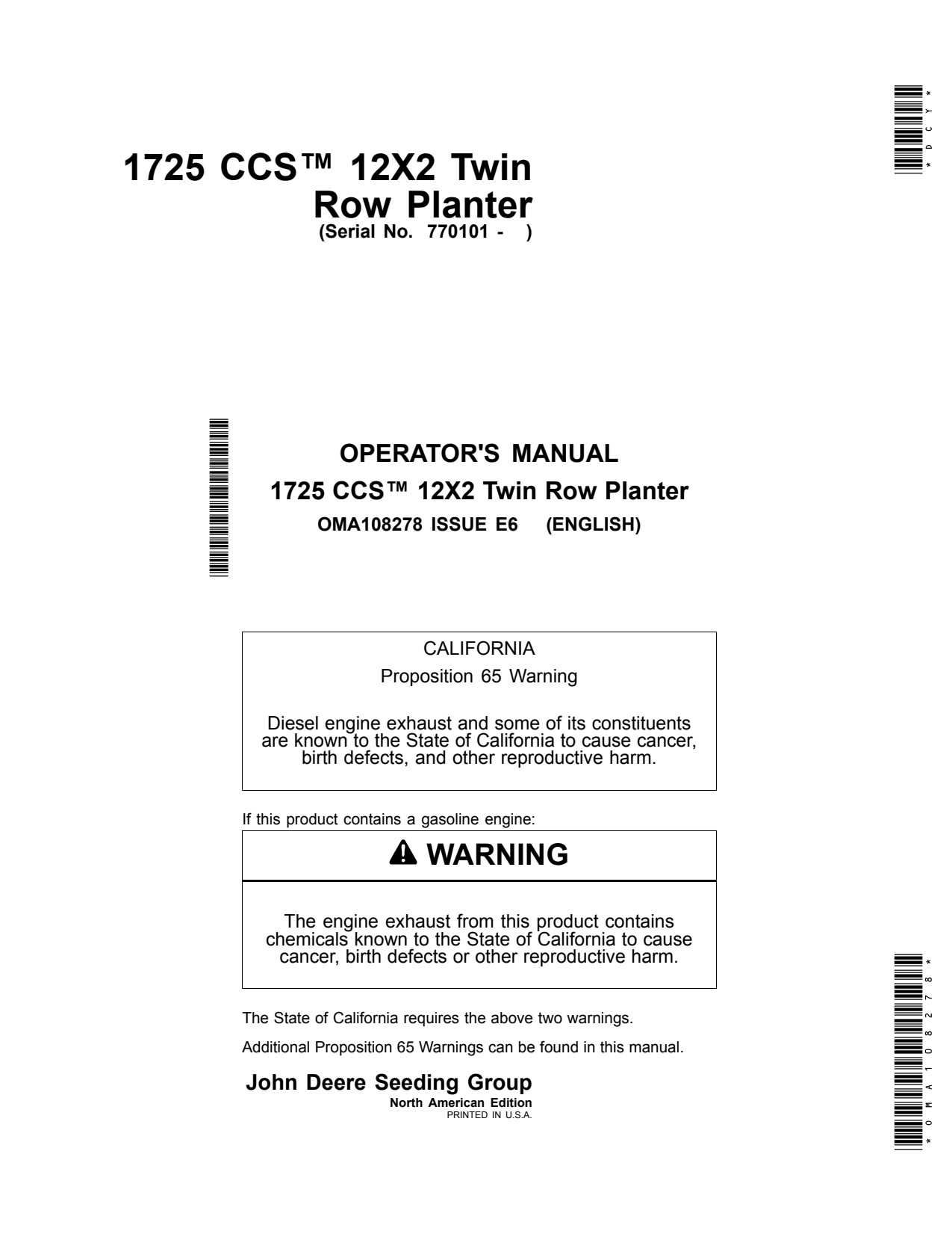 John Deere 1725 CCS Twin Row Planter Operator Manual OMA108278 1 John Deere 1725 CCS Twin Row Planter Operator Manual OMA108278