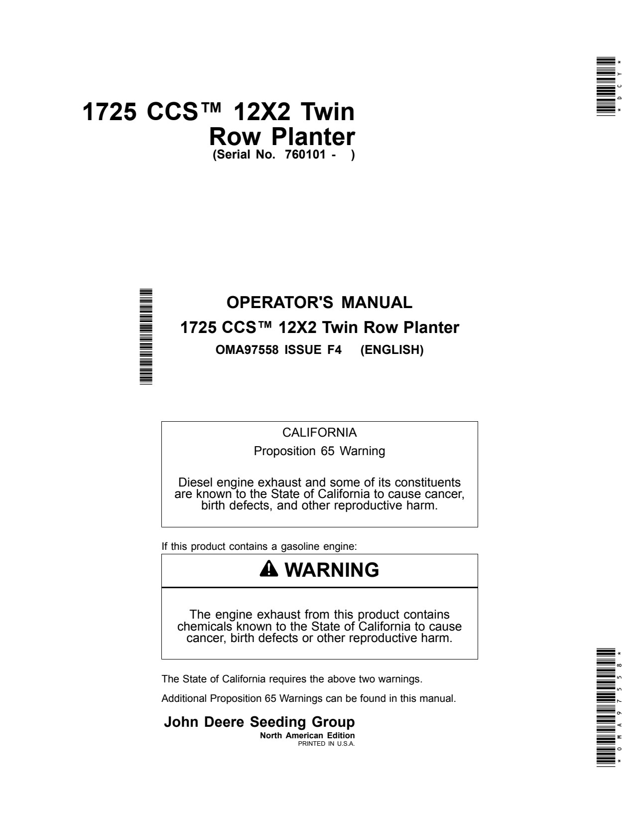 John Deere 1725 Twin Row Planter Operator Manual OMA97558 1 John Deere 1725 Twin Row Planter Operator Manual OMA97558