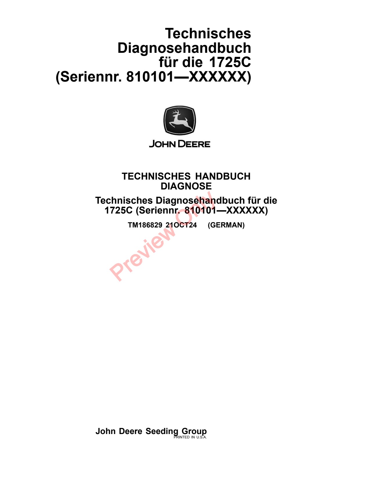 John Deere 1725C 1725CCS Planter Diagnostic Technical Manual TM186829 DE