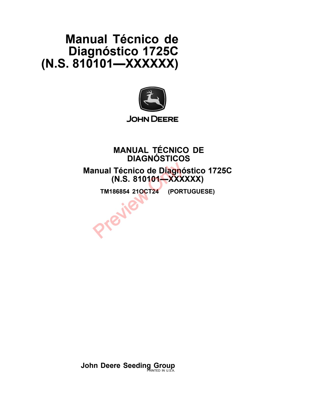 John Deere 1725C 1725CCS Planter Diagnostic Technical Manual TM186854 PT