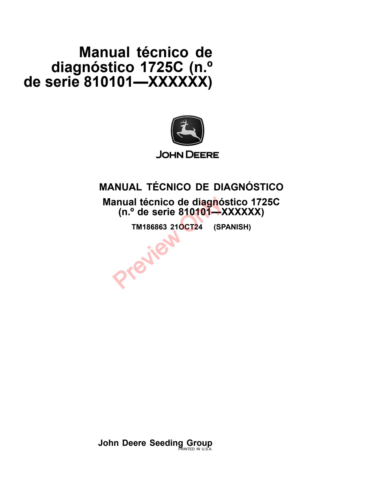 John Deere 1725C 1725CCS Planter Diagnostic Technical Manual TM186863 ES