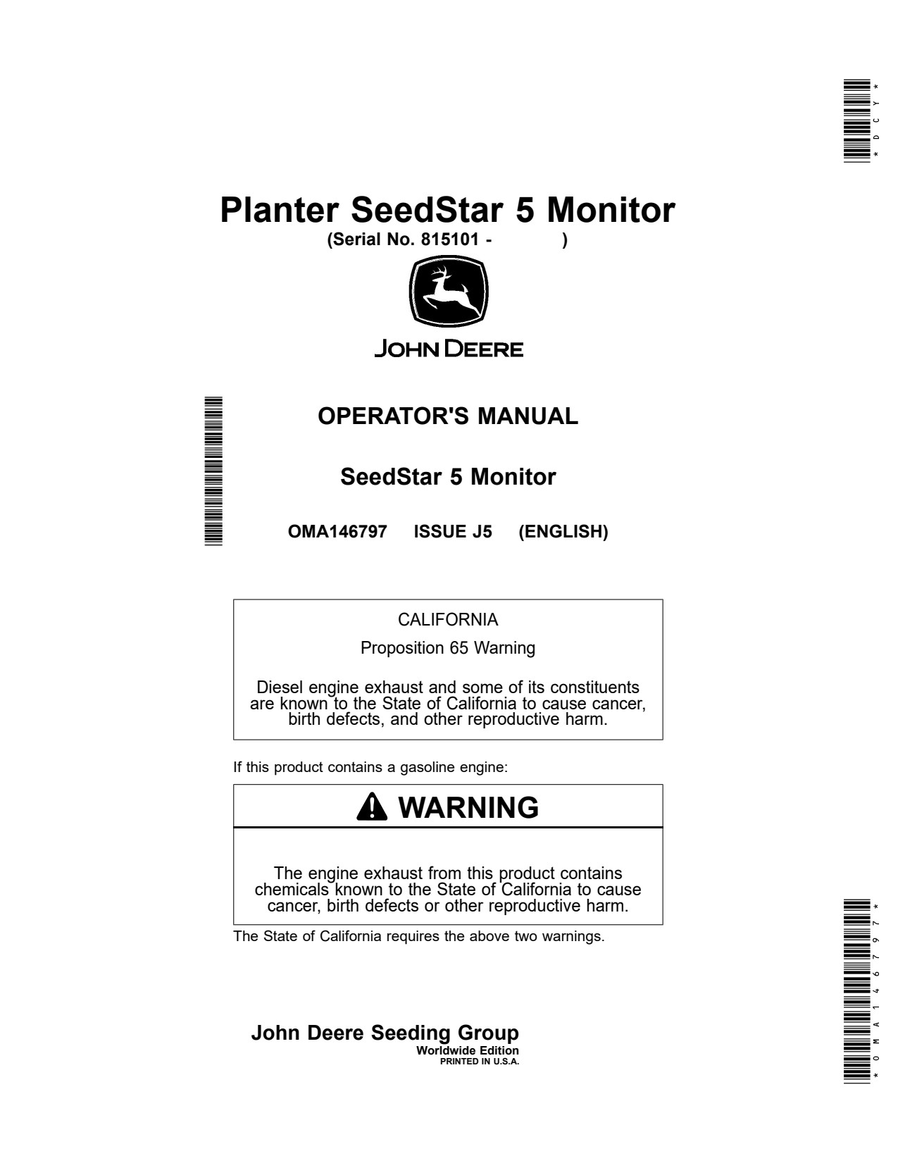 John Deere 1725C 1775NT 12-Row 16-Row 24-Row 1795 DB60 36-Row DB80 32-Row 48-Row DB90 54-Row Planter Operator Manual OMA146797 1 John Deere 1725C 1775NT 12-Row 16-Row 24-Row 1795 DB60 36-Row DB80 32-Row 48-Row DB90 54-Row Planter Operator Manual OMA146797