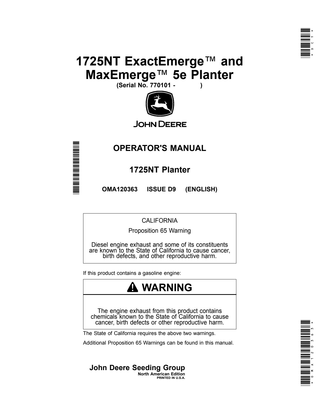 John Deere 1725NT ExactEmerge MaxEmerge 5e Planter Operator Manual OMA120363 1 John Deere 1725NT ExactEmerge MaxEmerge 5e Planter Operator Manual OMA120363