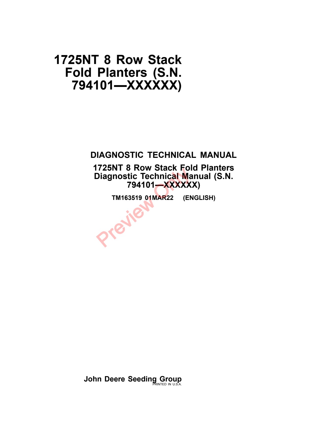 John Deere 1725NT Stack Fold Planter Diagnostic Technical Manual TM163519 1 John Deere 1725NT Stack Fold Planter Diagnostic Technical Manual TM163519
